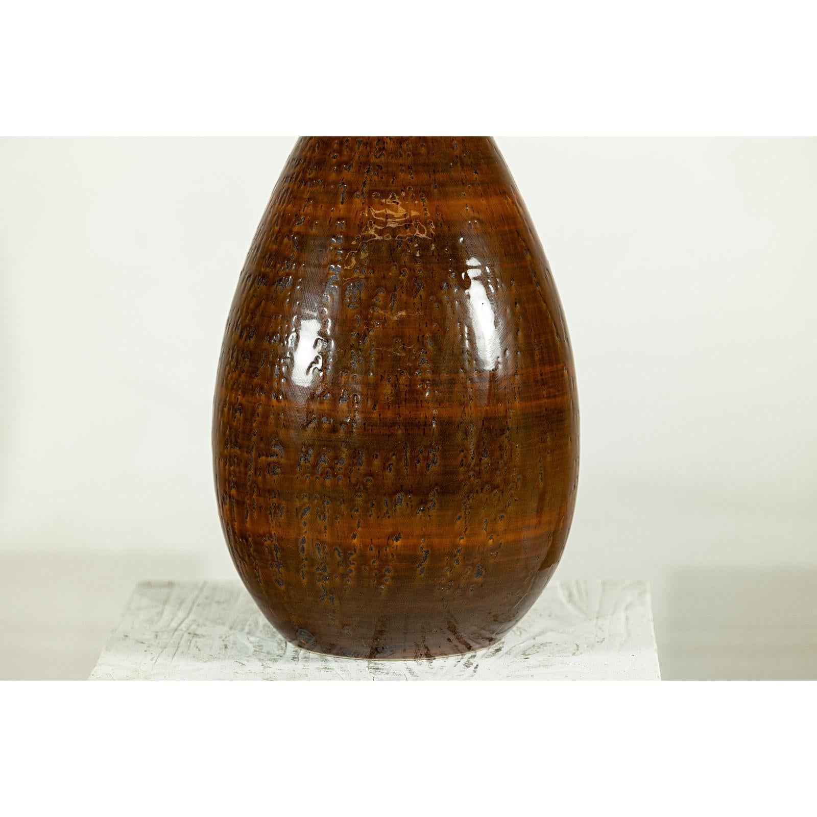 Large Rounded Artisan Ceramic Vase with Amber-Brown Glaze - image 5