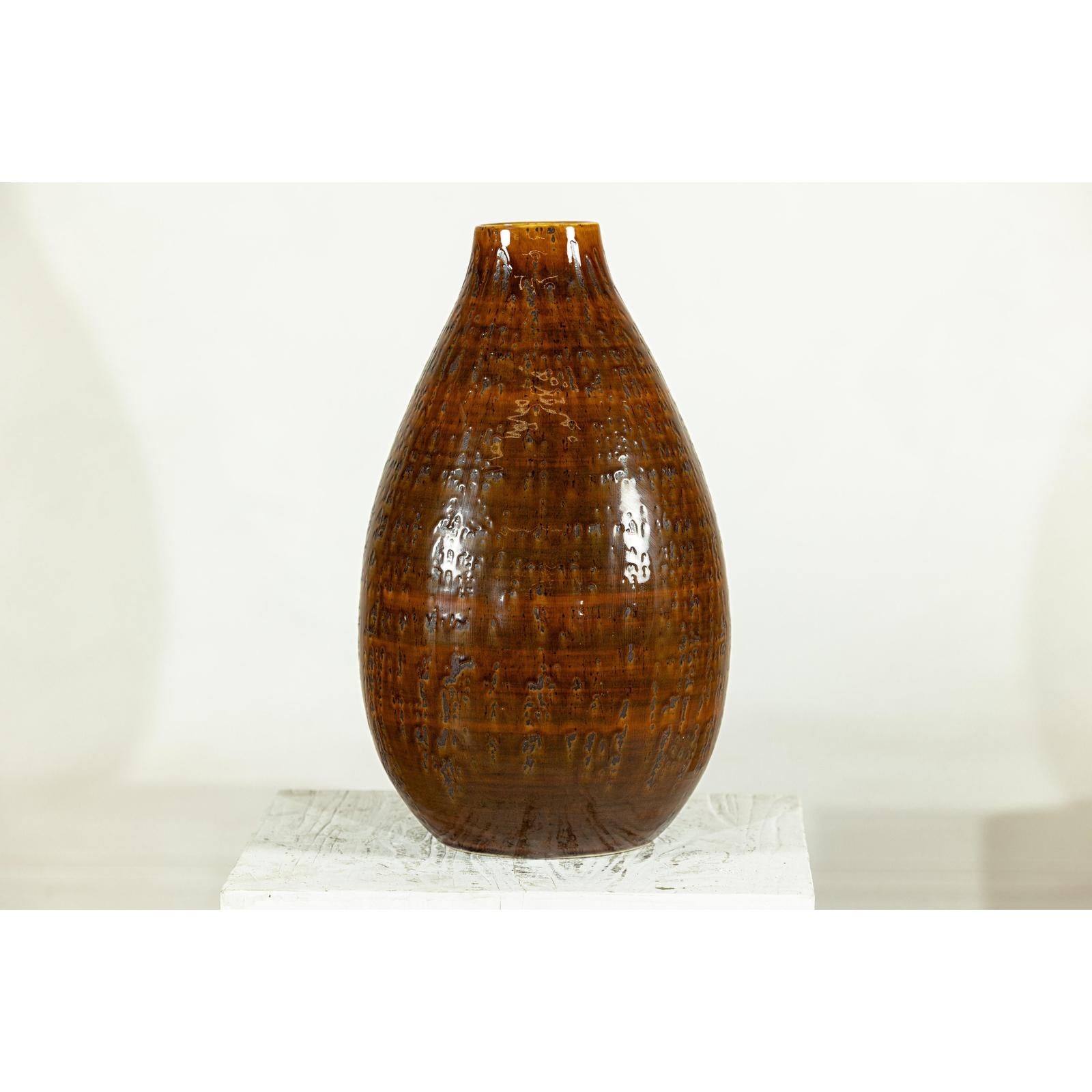 Large Rounded Artisan Ceramic Vase with Amber-Brown Glaze - image 6