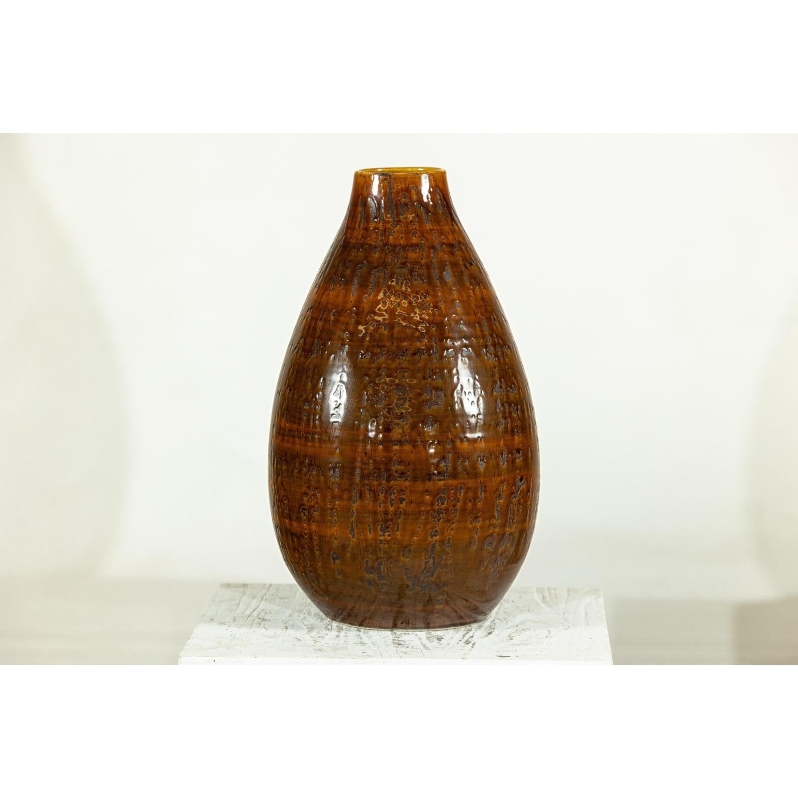 Large Rounded Artisan Ceramic Vase with Amber-Brown Glaze - image 7