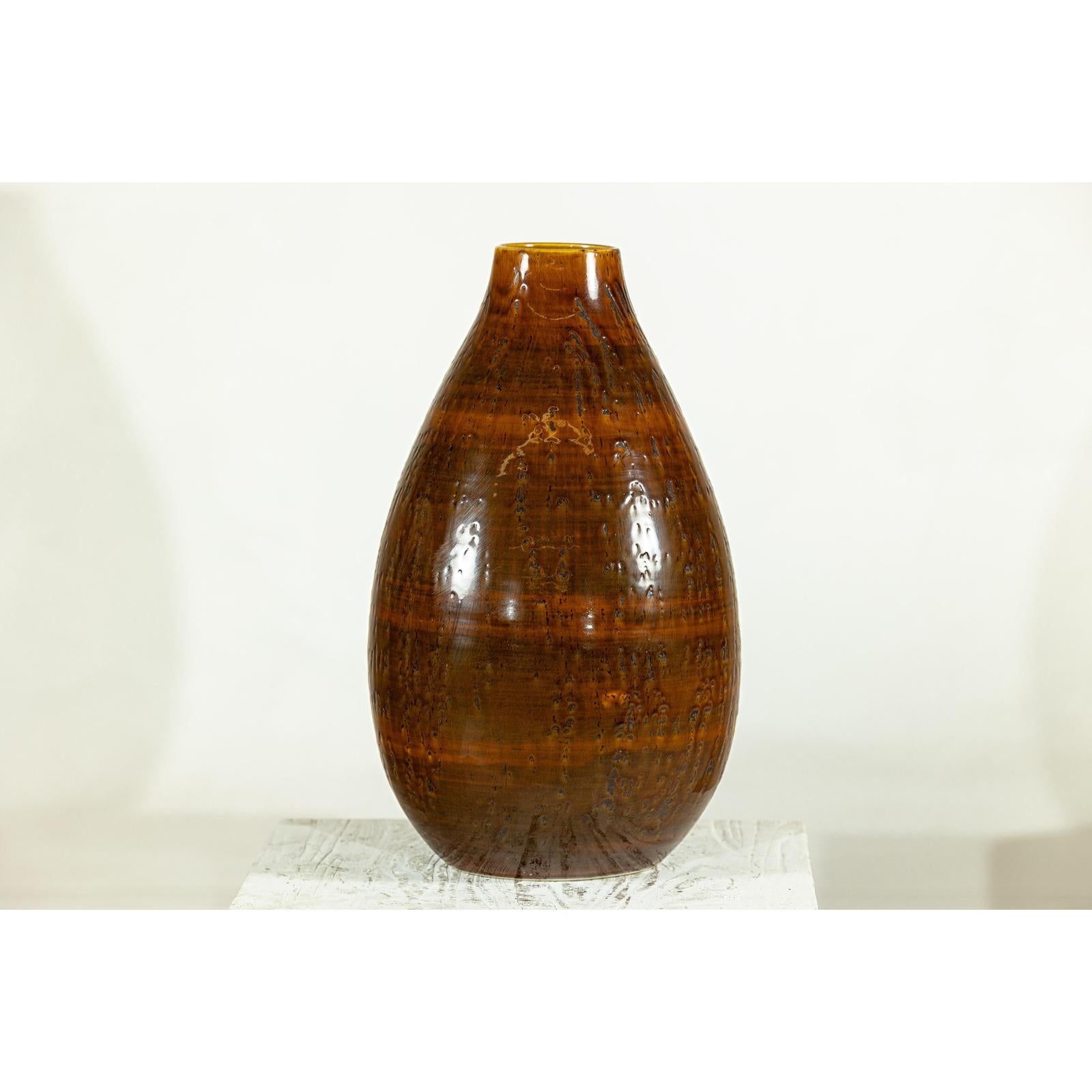 Large Rounded Artisan Ceramic Vase with Amber-Brown Glaze - image 8