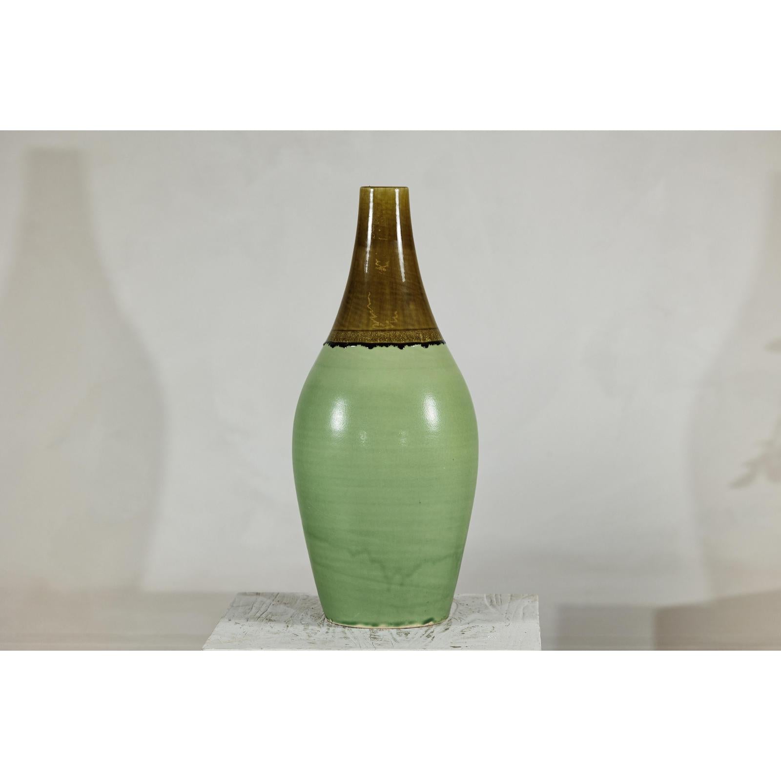 Large Studio Pottery Floor Vase with Brown and Green Glaze-7. Asian &amp; Chinese Furniture, Art, Antiques, Vintage Home Décor for sale at FEA Home