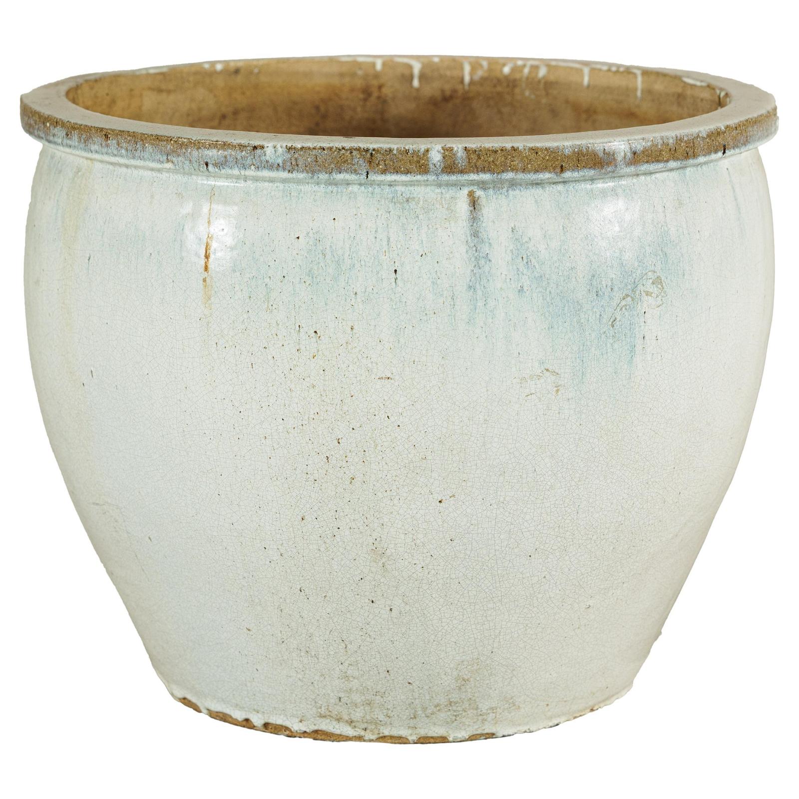 Large Vintage Crackle-Glazed Ceramic Planter in Soft White - image 1