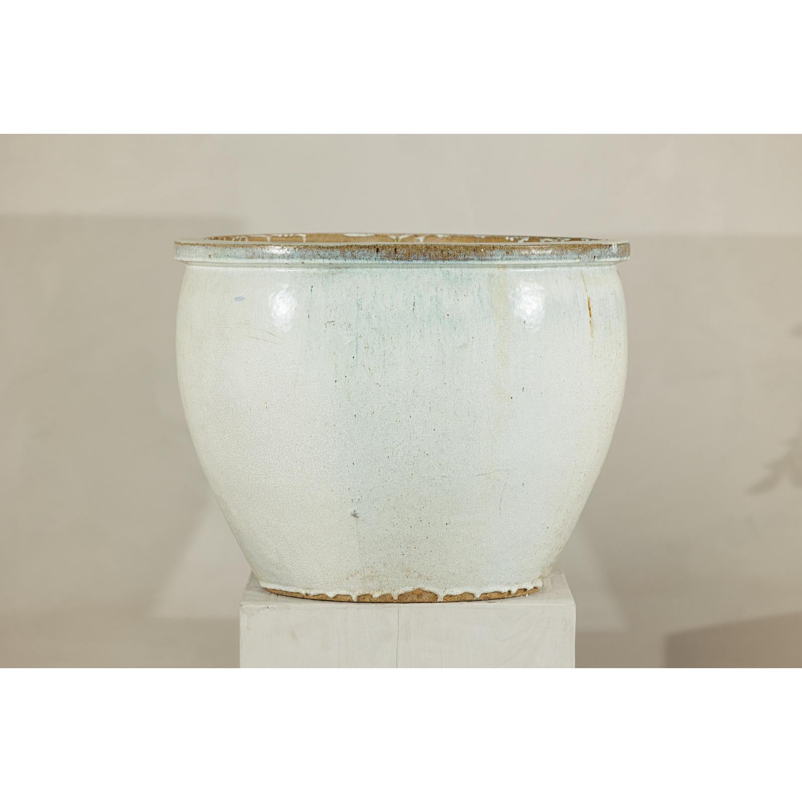 Large Vintage Crackle-Glazed Ceramic Planter in Soft White - image 2