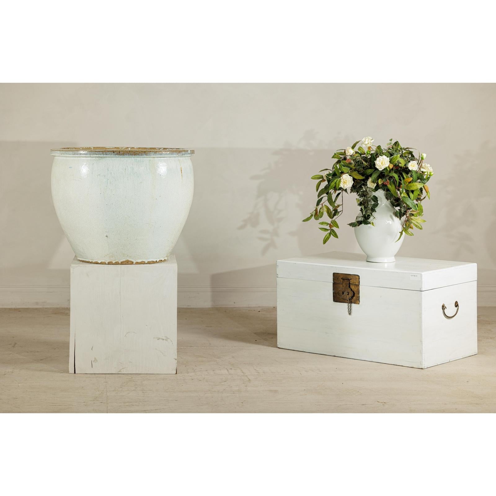 Large Vintage Crackle-Glazed Ceramic Planter in Soft White - image 3