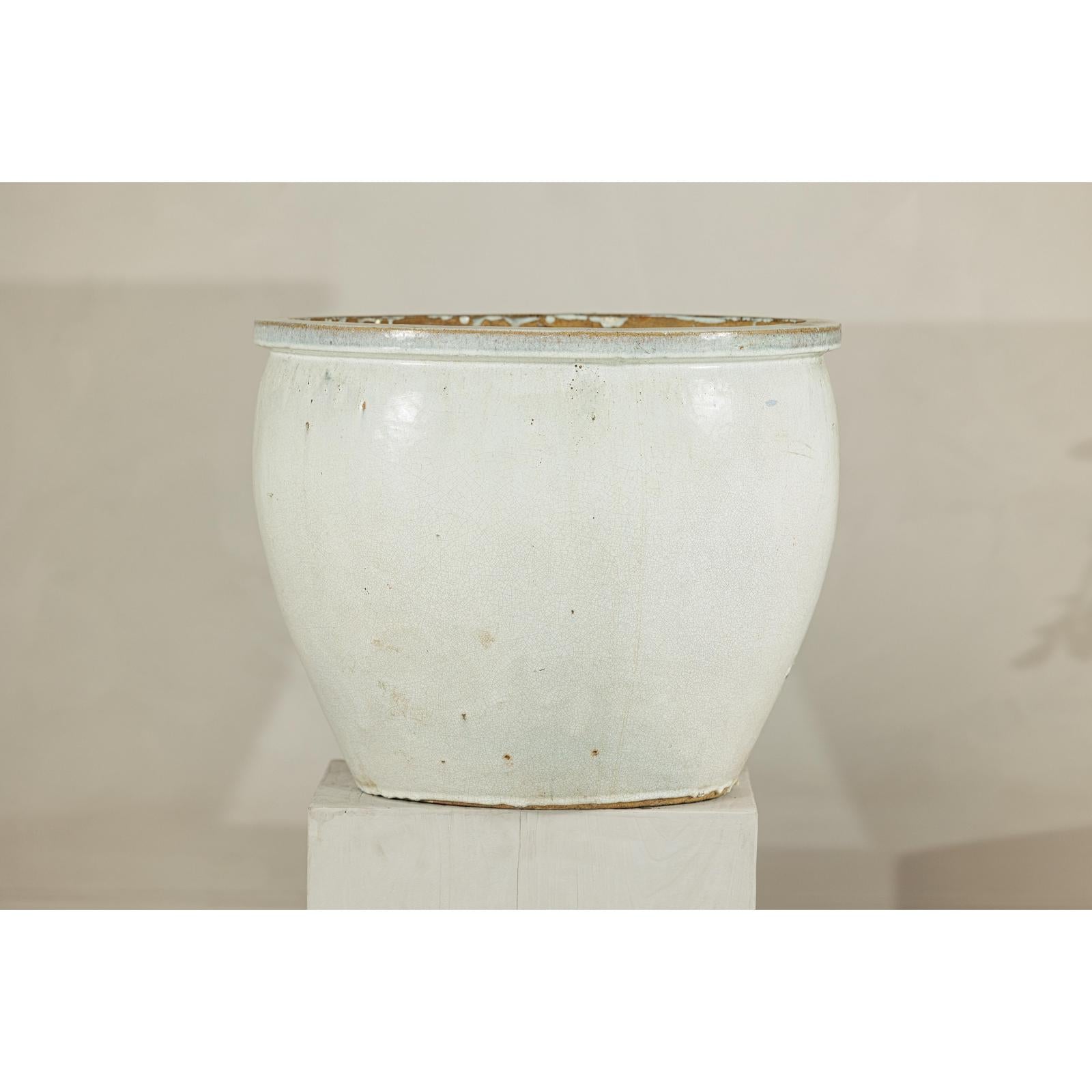 Large Vintage Crackle-Glazed Ceramic Planter in Soft White - image 4