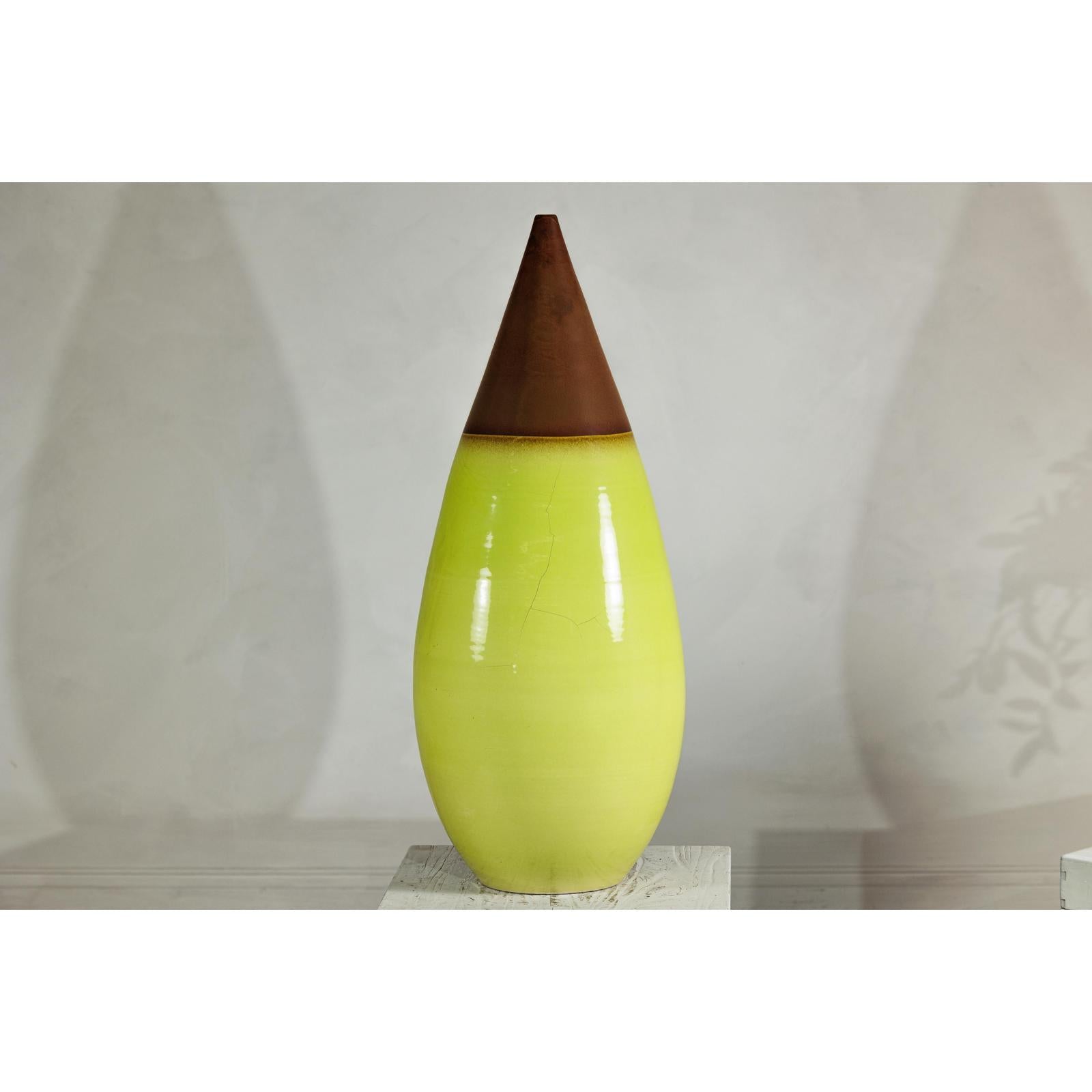 Large Yellow &amp; Brown Ceramic Vase with Tapered Form - image 11