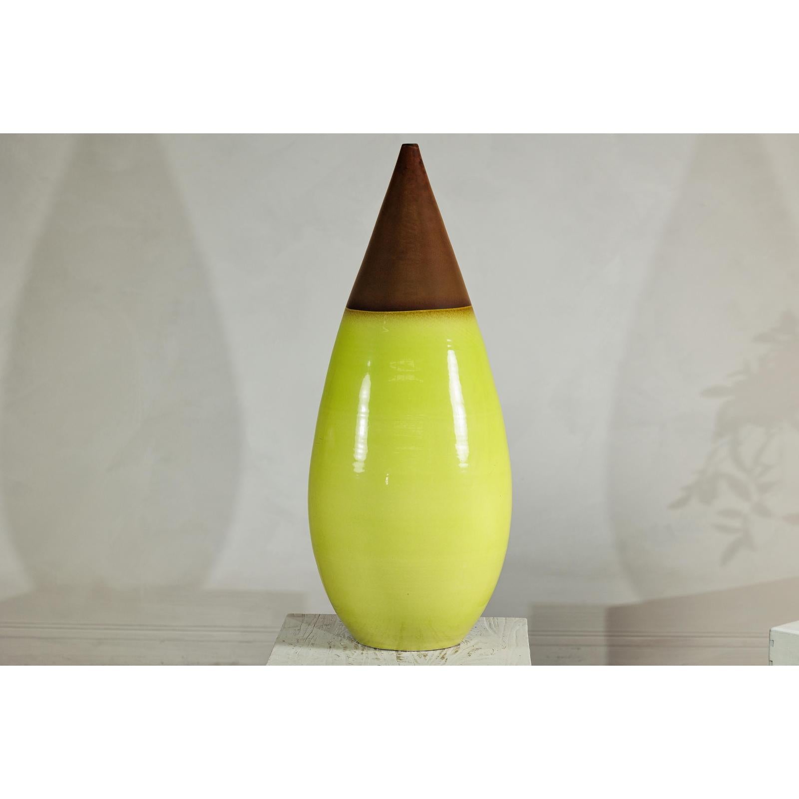 Large Yellow &amp; Brown Ceramic Vase with Tapered Form - image 12