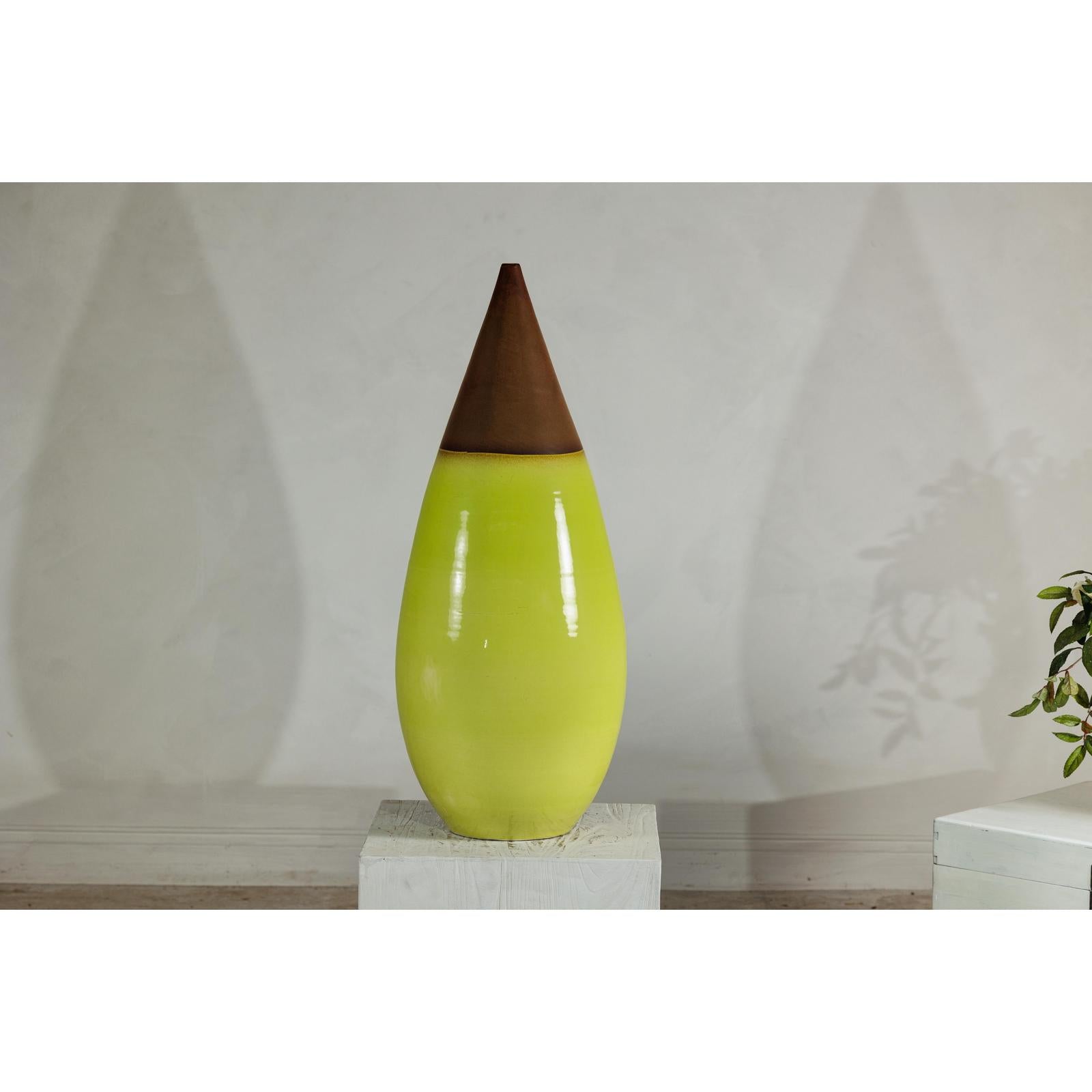 Large Yellow &amp; Brown Ceramic Vase with Tapered Form - image 2