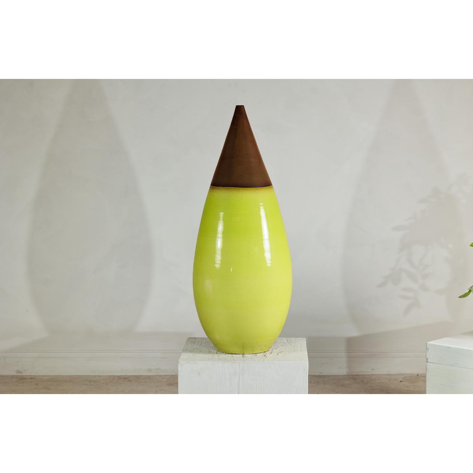 Large Yellow &amp; Brown Ceramic Vase with Tapered Form - image 3