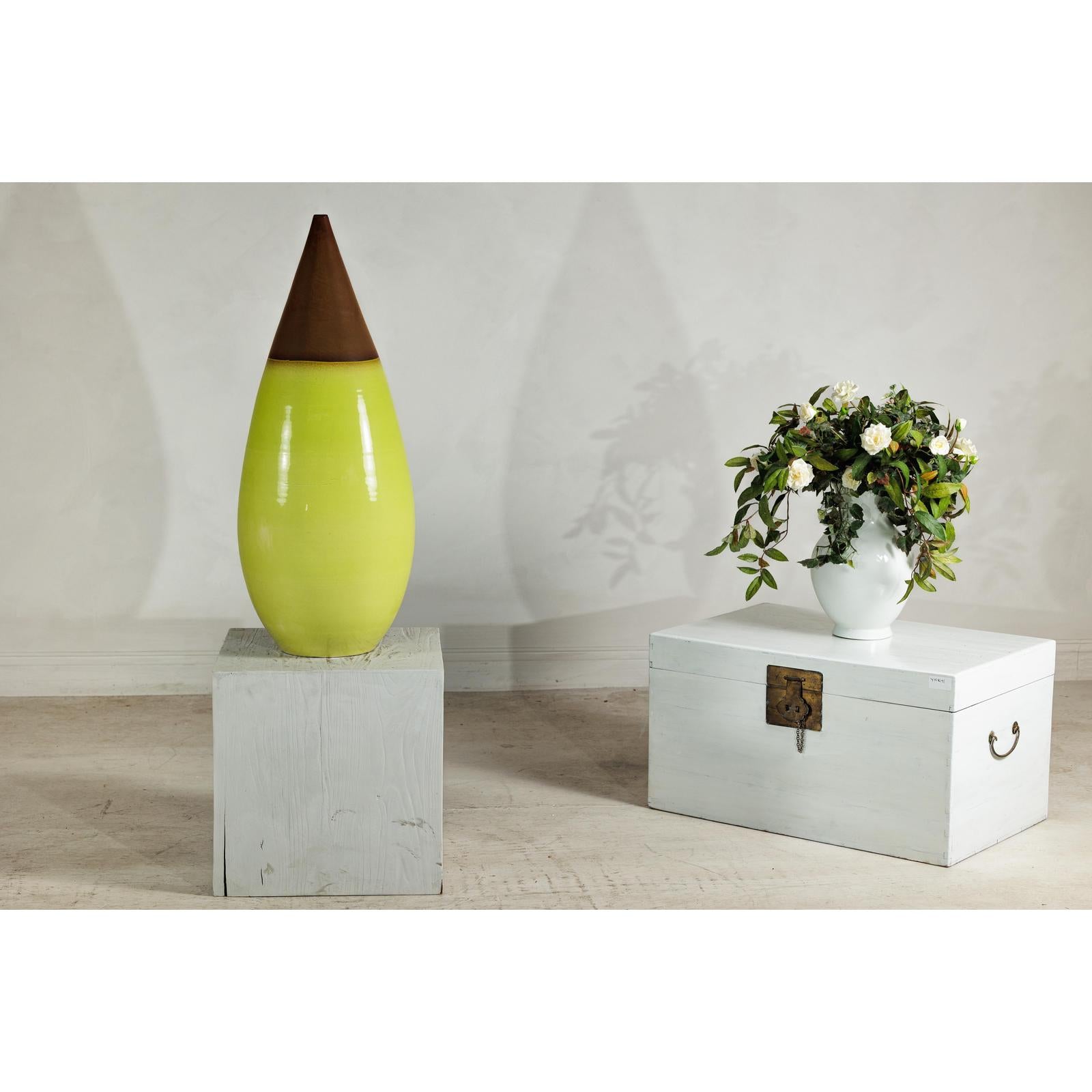 Large Yellow &amp; Brown Ceramic Vase with Tapered Form - image 4