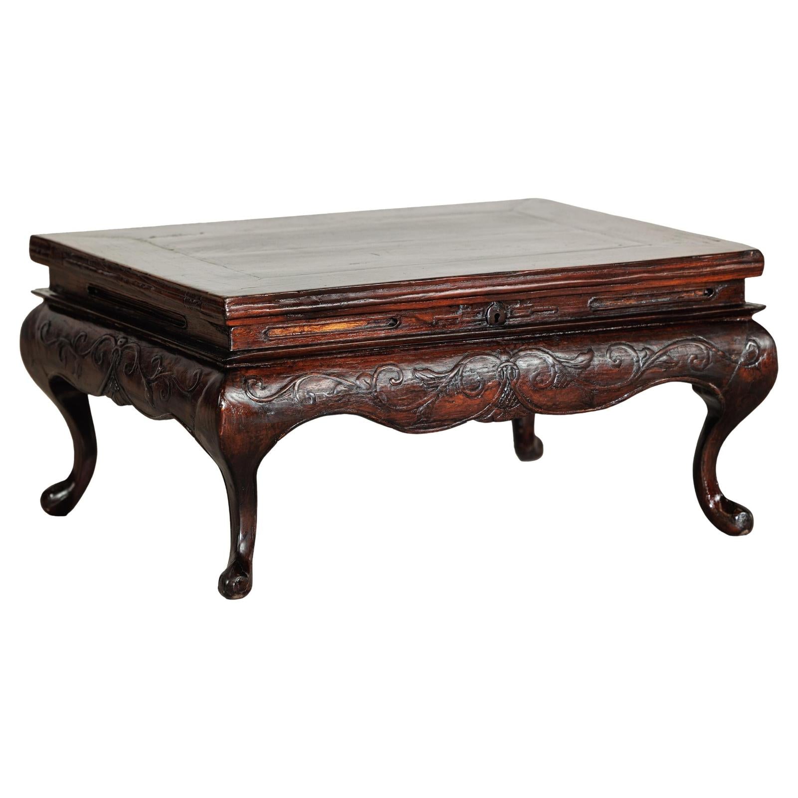 Late Qing Low Coffee Table with Cabriole Legs, Carved Apron and Lift Top-1. Asian & Chinese Furniture, Art, Antiques, Vintage Home Décor for sale at FEA Home