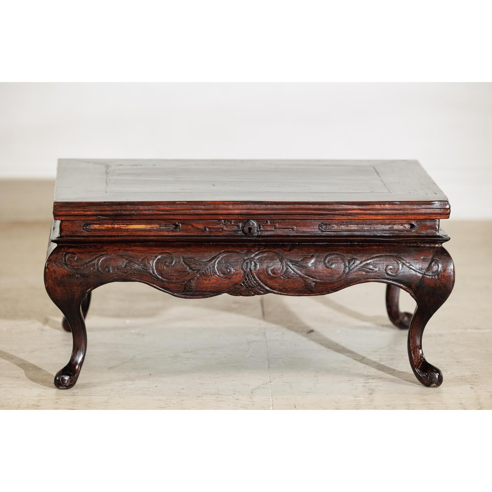 Late Qing Low Coffee Table with Cabriole Legs, Carved Apron and Lift Top-16. Asian &amp; Chinese Furniture, Art, Antiques, Vintage Home Décor for sale at FEA Home