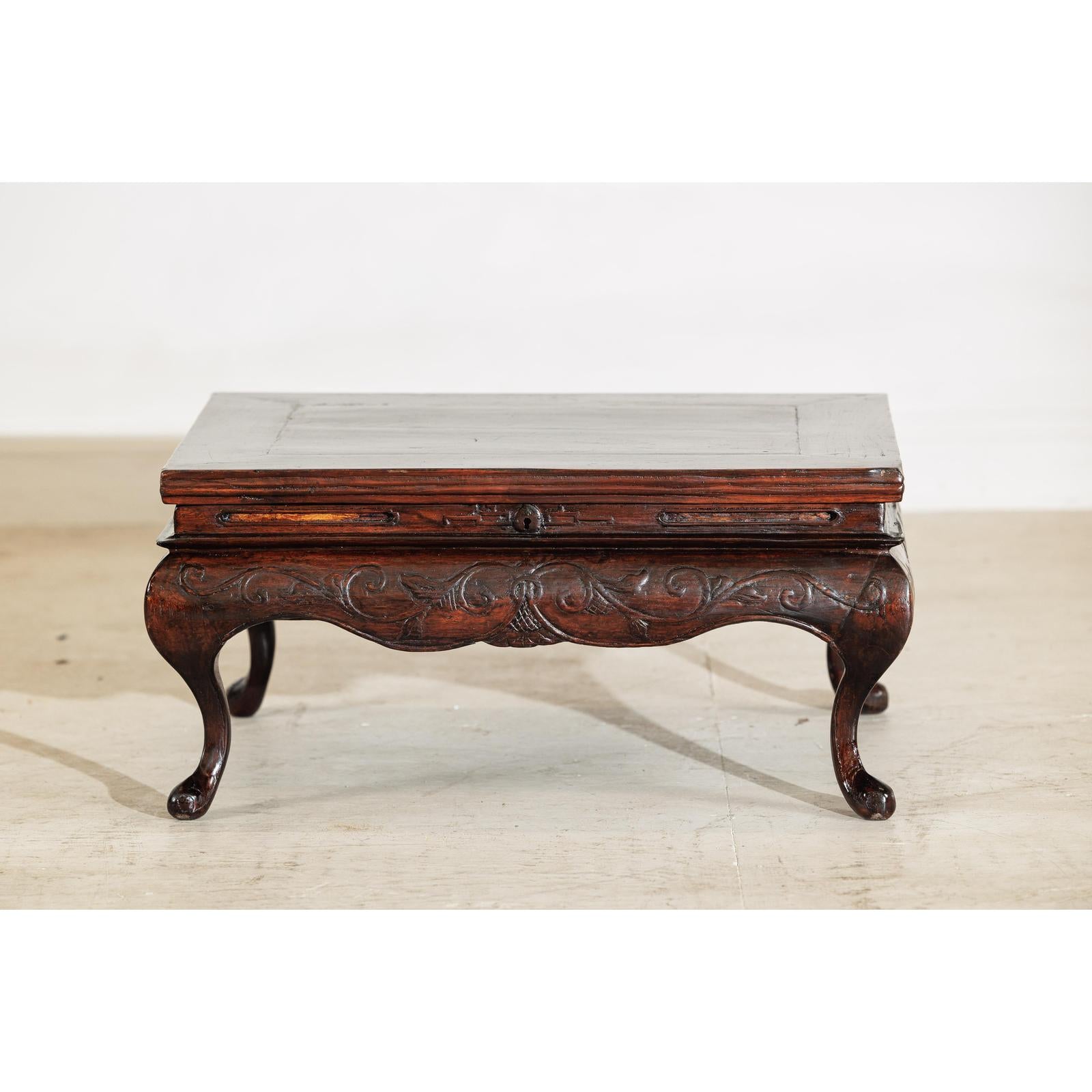 Late Qing Low Coffee Table with Cabriole Legs, Carved Apron and Lift Top-19. Asian &amp; Chinese Furniture, Art, Antiques, Vintage Home Décor for sale at FEA Home