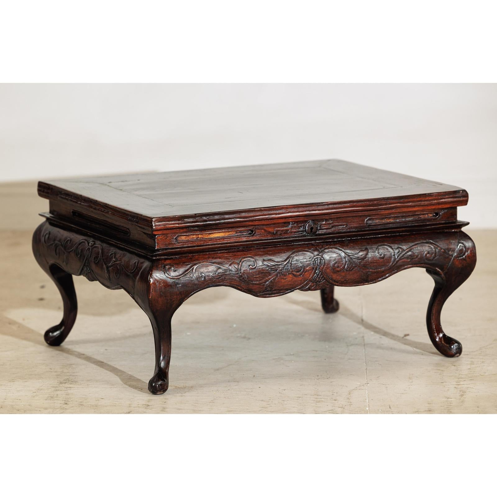 Late Qing Low Coffee Table with Cabriole Legs, Carved Apron and Lift Top-9. Asian &amp; Chinese Furniture, Art, Antiques, Vintage Home Décor for sale at FEA Home