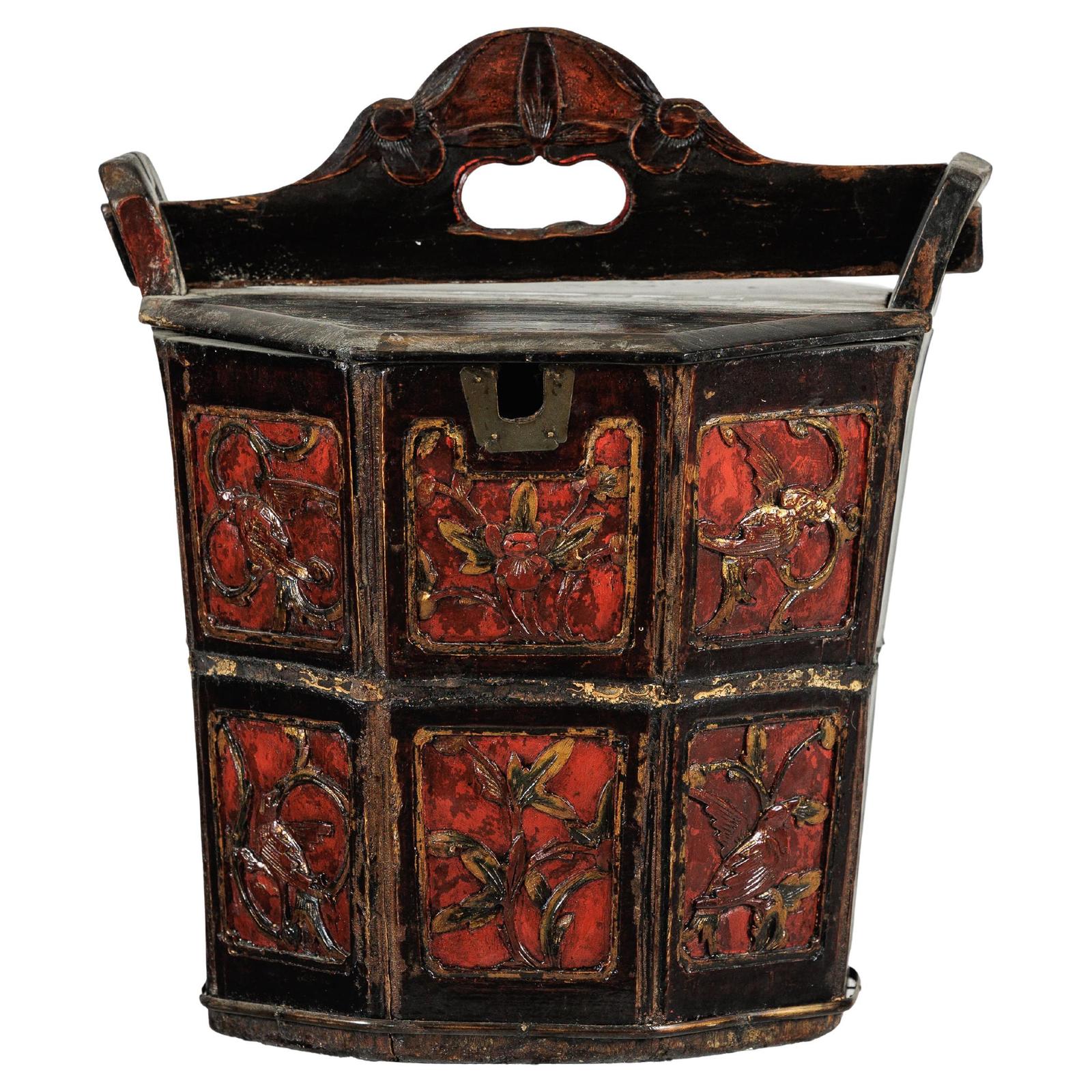 Late Qing Red and Black Lacquered Rice Measure Bucket with Carved Panels-1. Asian &amp; Chinese Furniture, Art, Antiques, Vintage Home Décor for sale at FEA Home