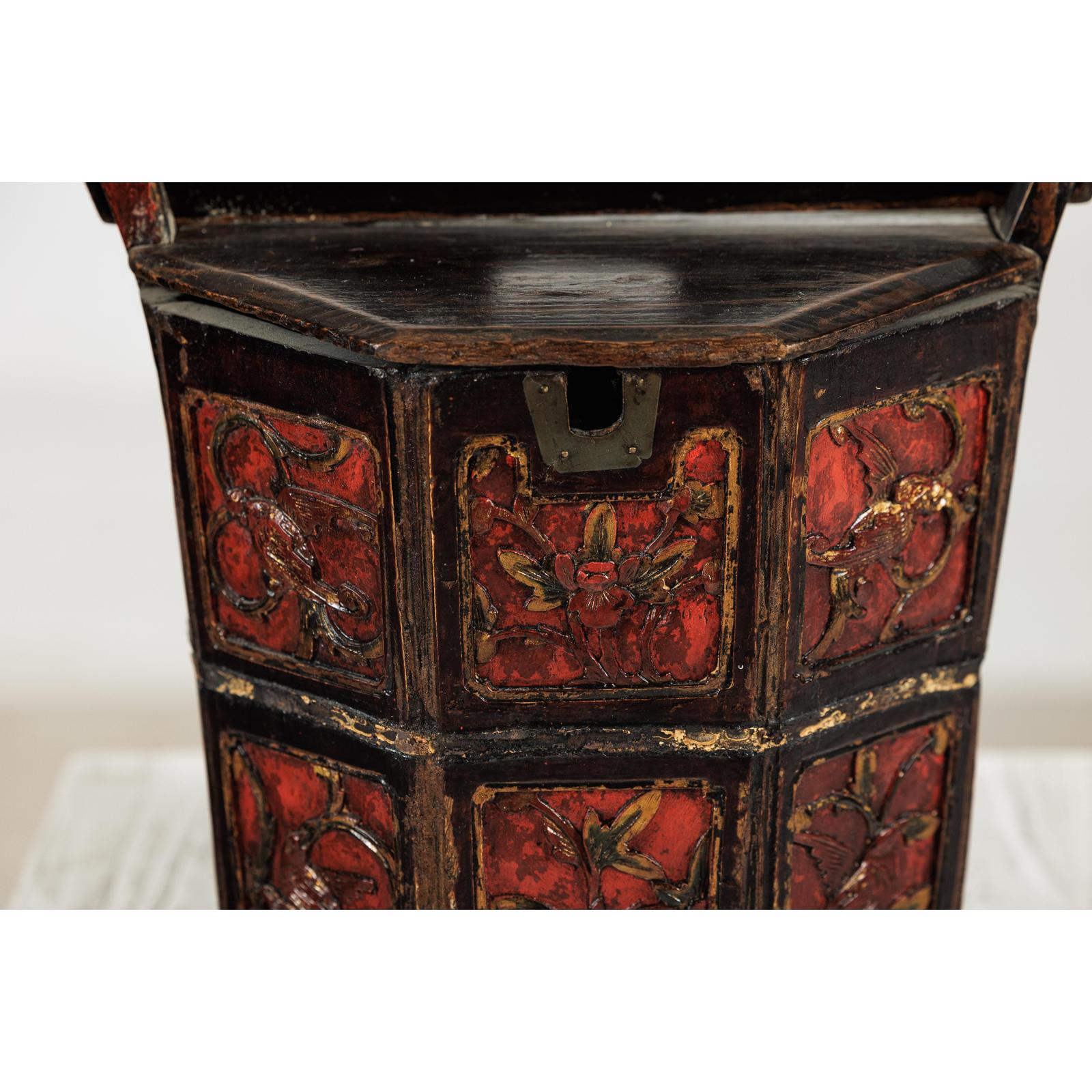 Late Qing Red and Black Lacquered Rice Measure Bucket with Carved Panels-10. Asian &amp; Chinese Furniture, Art, Antiques, Vintage Home Décor for sale at FEA Home