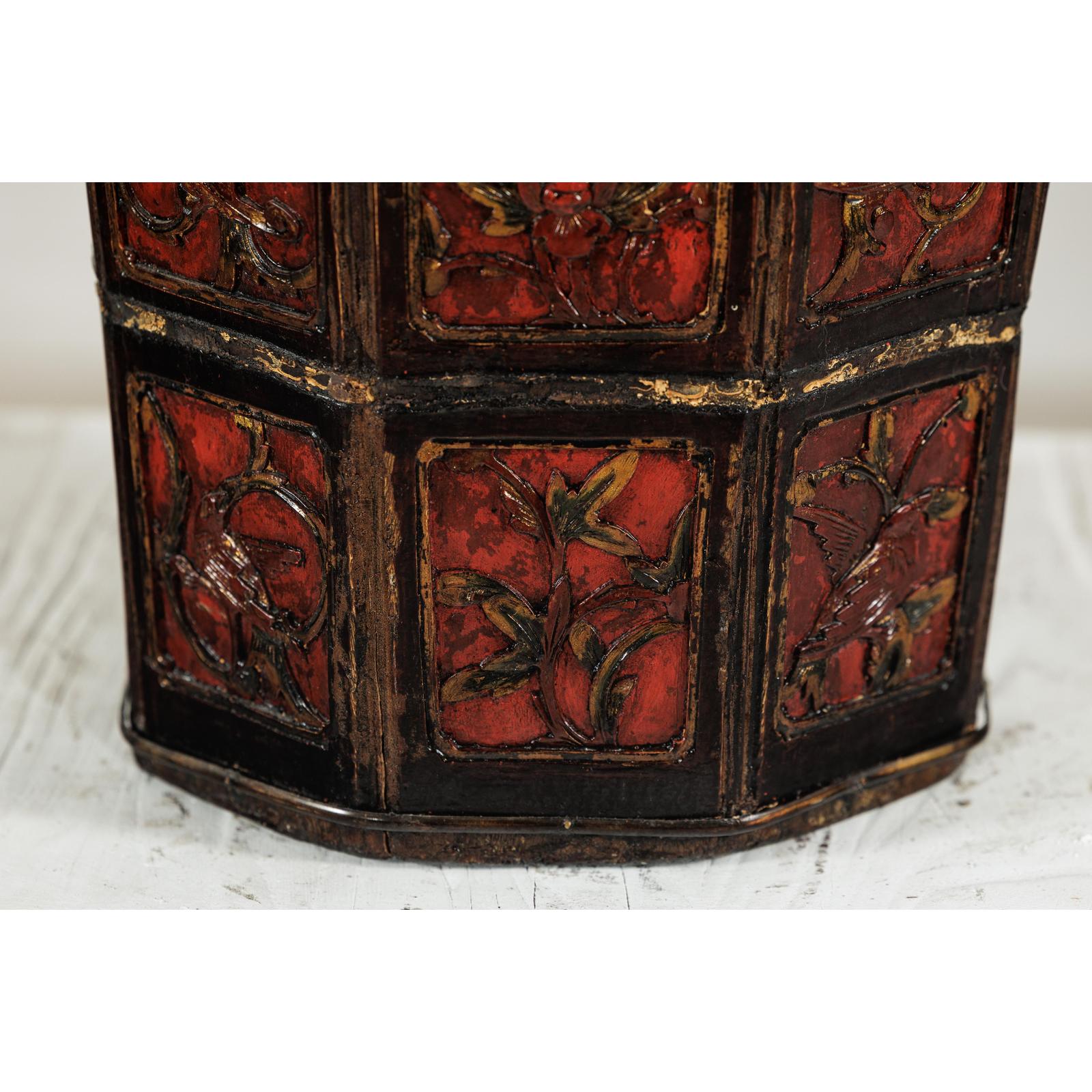Late Qing Red and Black Lacquered Rice Measure Bucket with Carved Panels-11. Asian &amp; Chinese Furniture, Art, Antiques, Vintage Home Décor for sale at FEA Home
