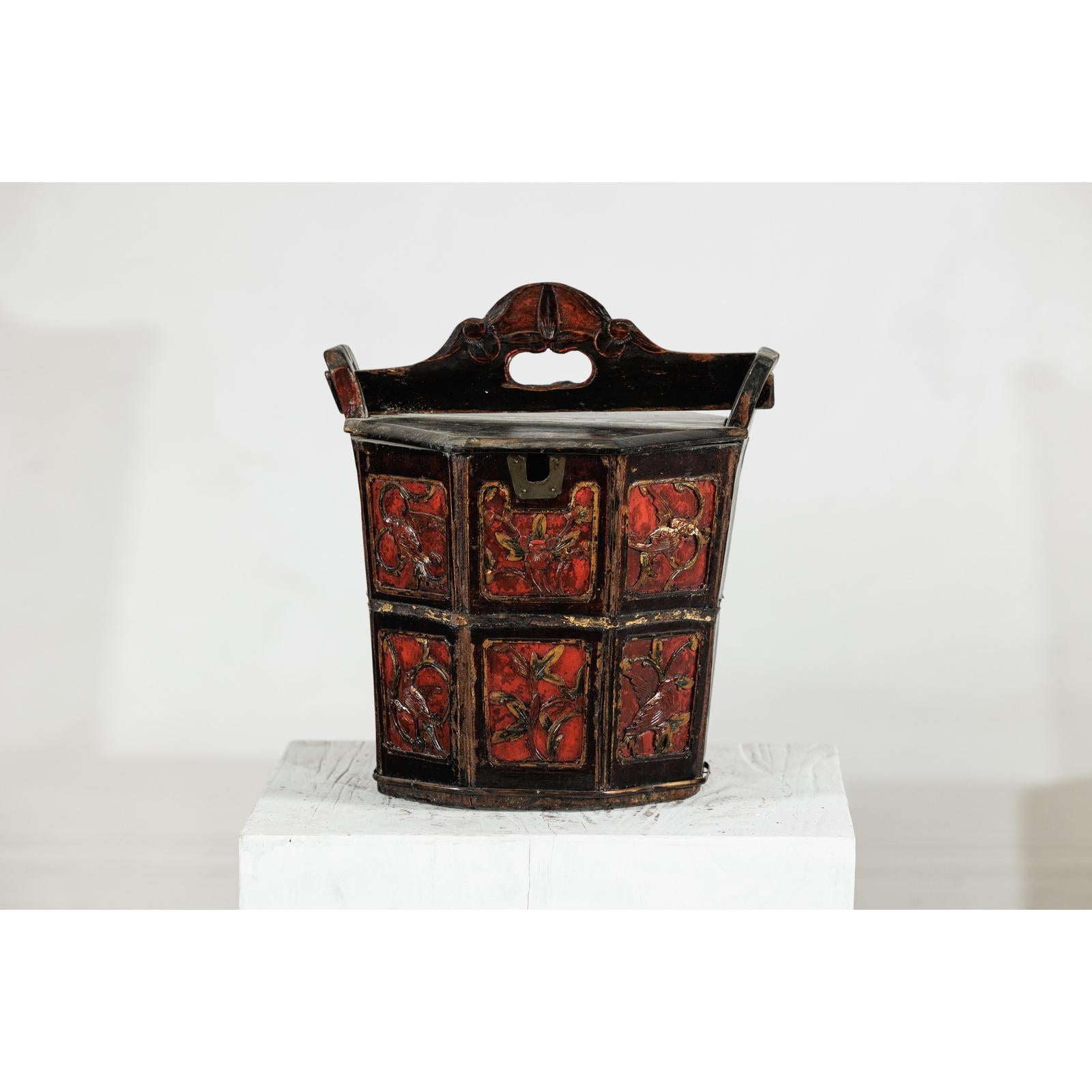 Late Qing Red and Black Lacquered Rice Measure Bucket with Carved Panels-15. Asian &amp; Chinese Furniture, Art, Antiques, Vintage Home Décor for sale at FEA Home