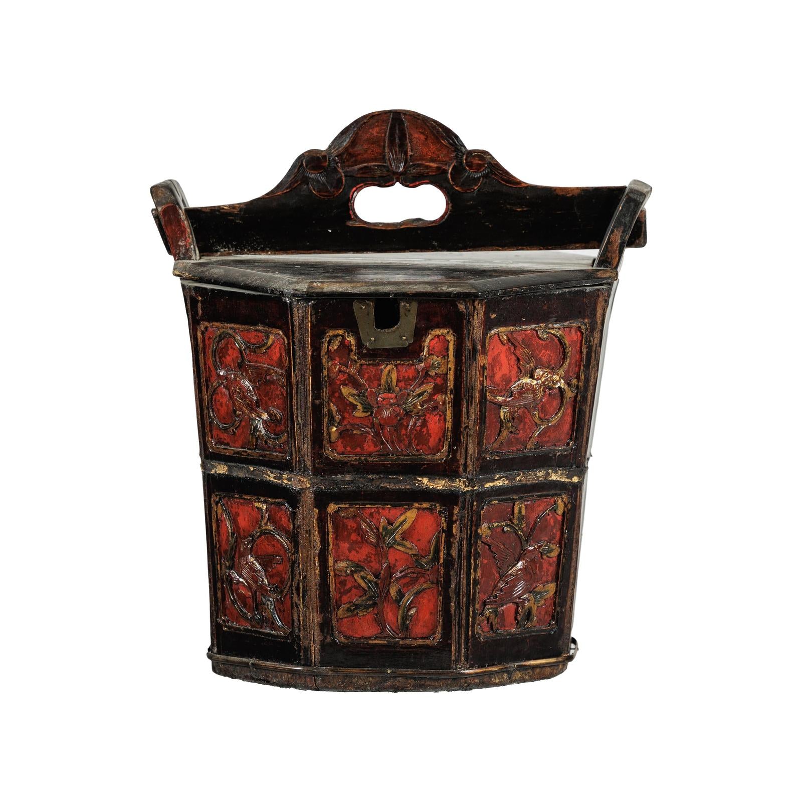 Late Qing Red and Black Lacquered Rice Measure Bucket with Carved Panels-16. Asian &amp; Chinese Furniture, Art, Antiques, Vintage Home Décor for sale at FEA Home