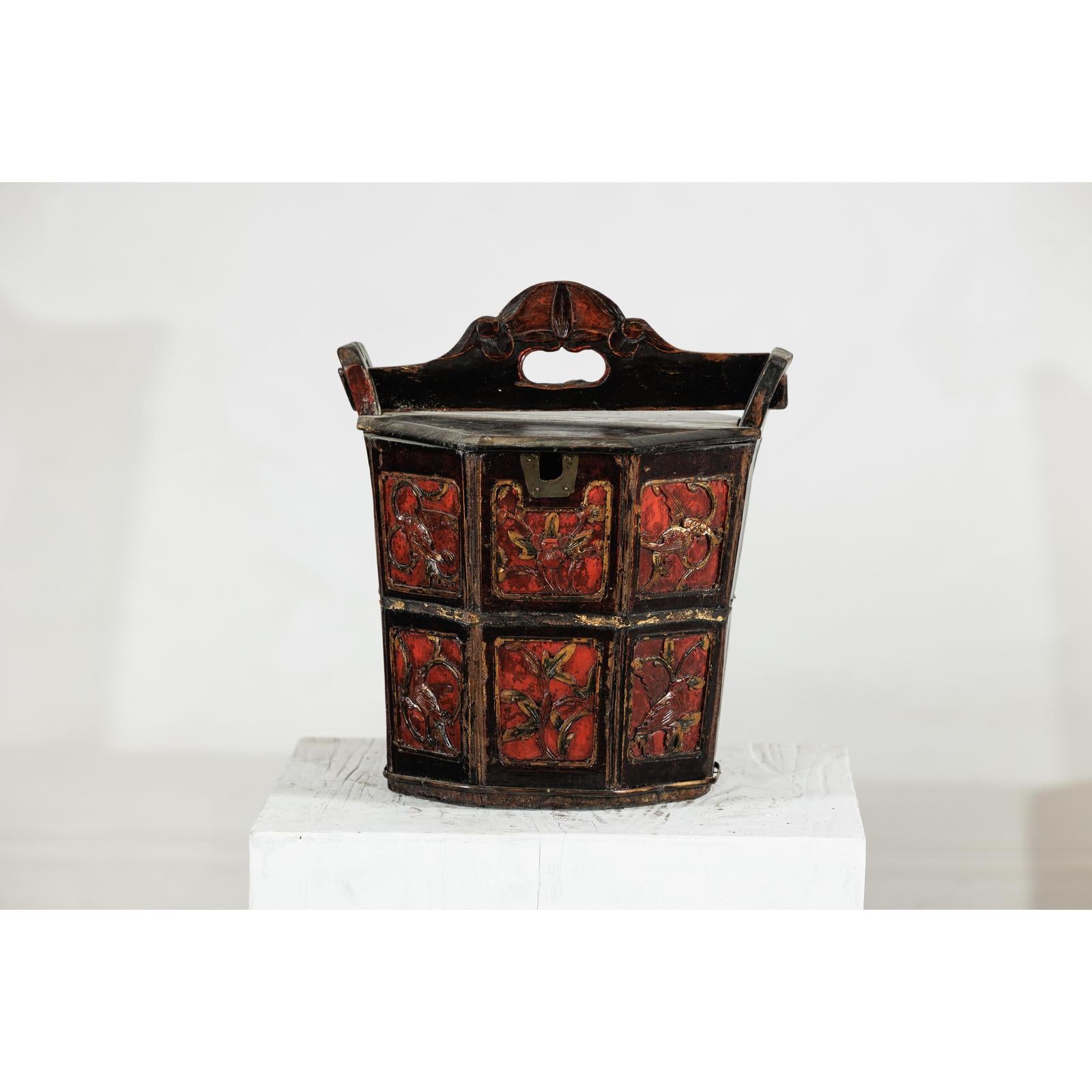 Late Qing Red and Black Lacquered Rice Measure Bucket with Carved Panels-2. Asian &amp; Chinese Furniture, Art, Antiques, Vintage Home Décor for sale at FEA Home
