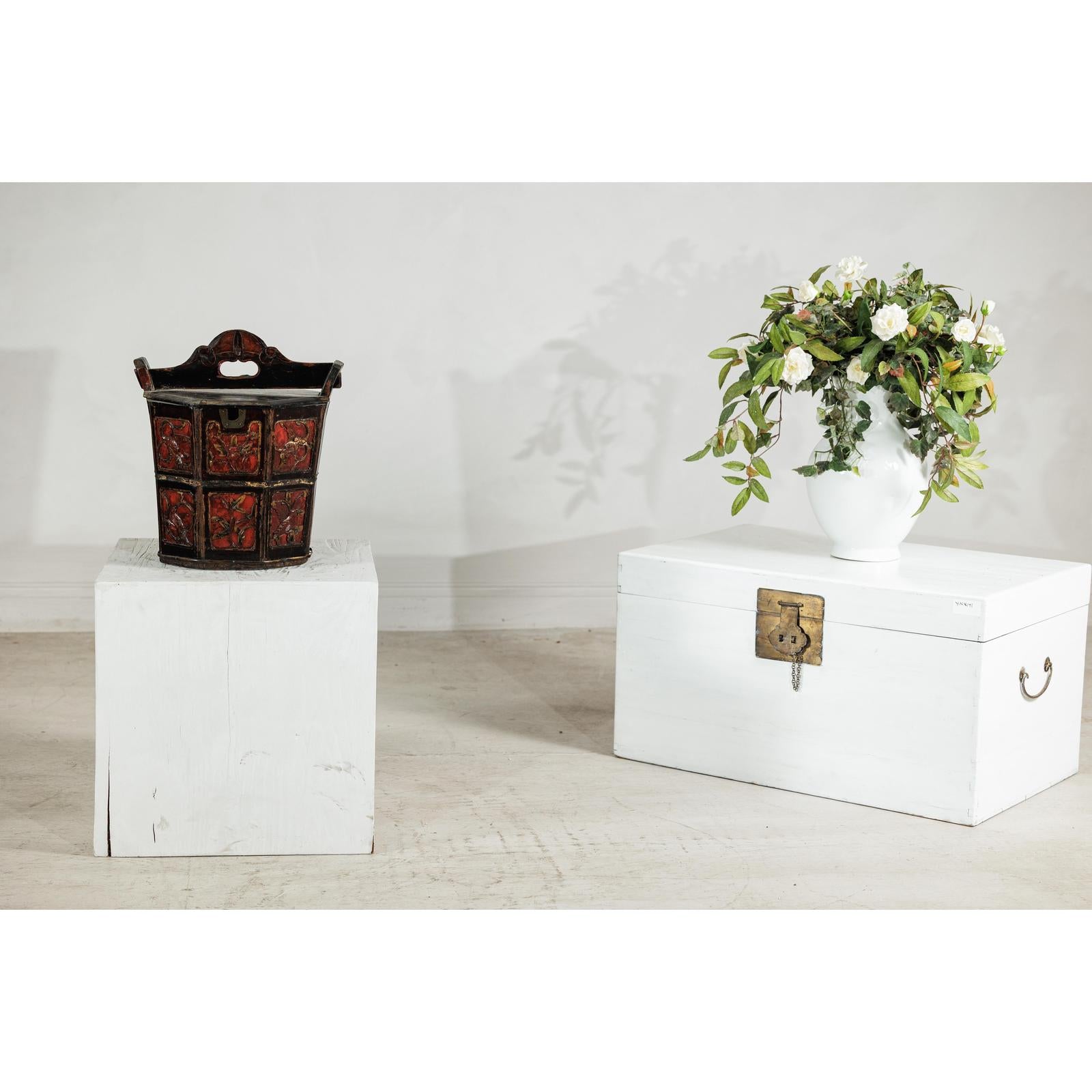 Late Qing Red and Black Lacquered Rice Measure Bucket with Carved Panels-3. Asian &amp; Chinese Furniture, Art, Antiques, Vintage Home Décor for sale at FEA Home