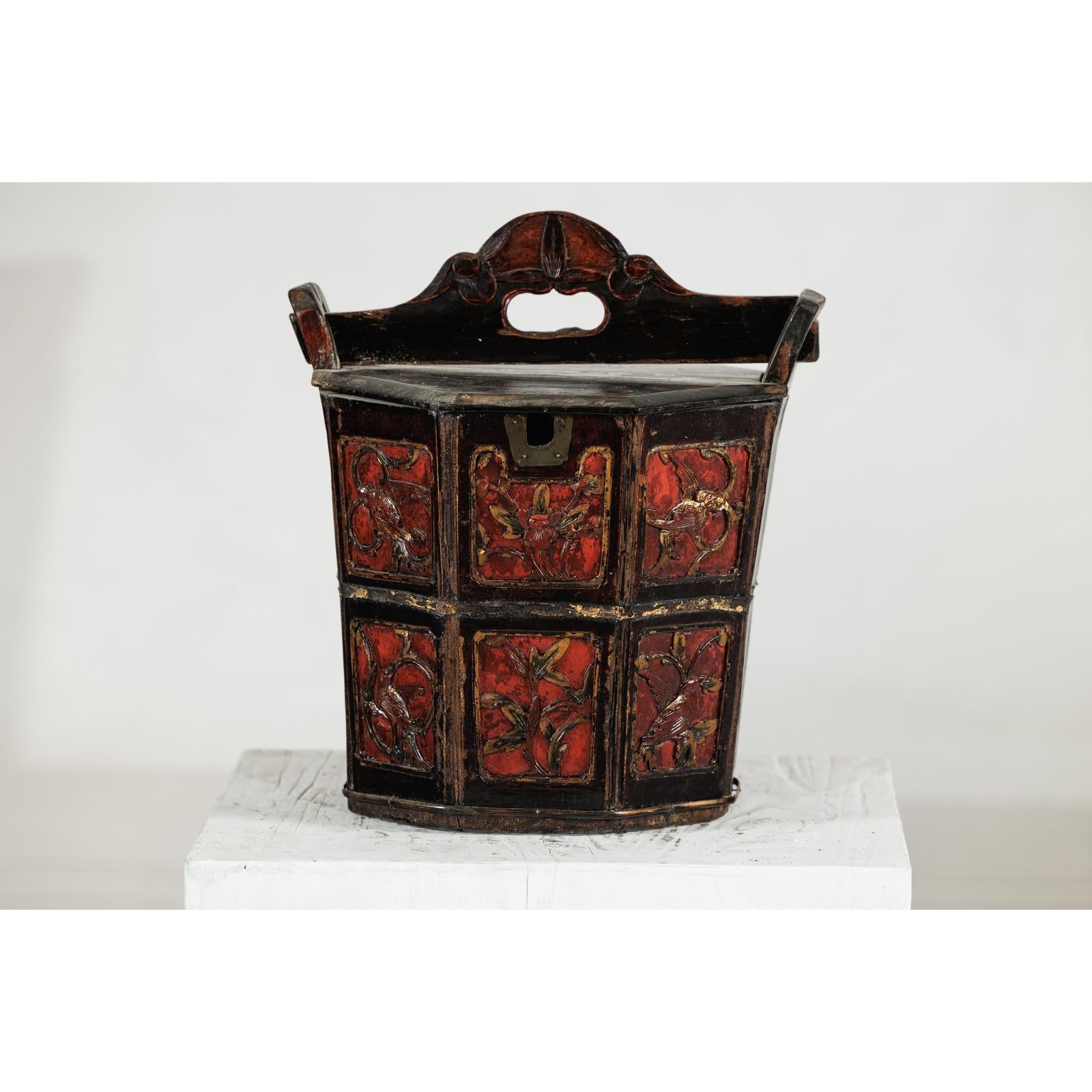 Late Qing Red and Black Lacquered Rice Measure Bucket with Carved Panels-4. Asian &amp; Chinese Furniture, Art, Antiques, Vintage Home Décor for sale at FEA Home