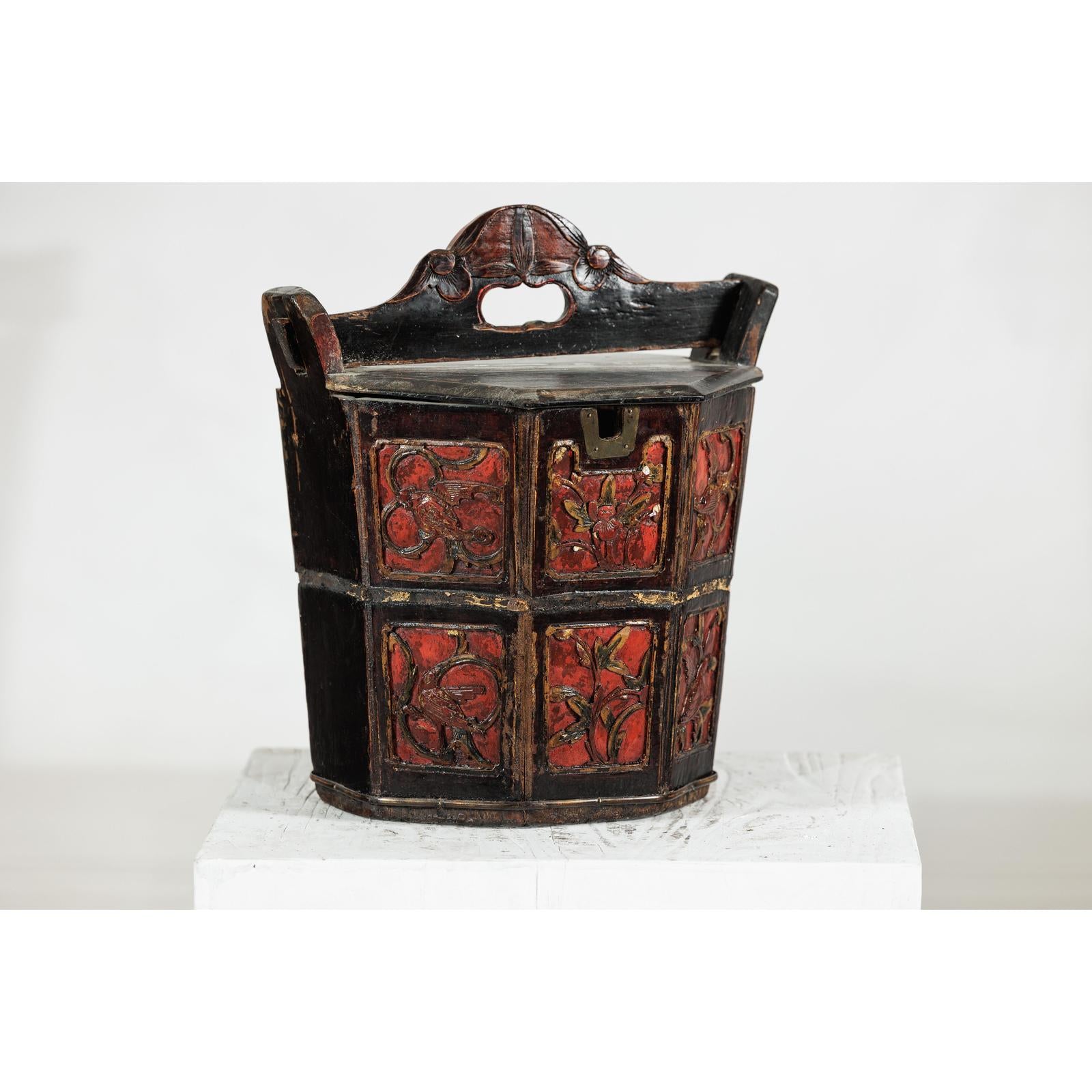 Late Qing Red and Black Lacquered Rice Measure Bucket with Carved Panels-5. Asian &amp; Chinese Furniture, Art, Antiques, Vintage Home Décor for sale at FEA Home