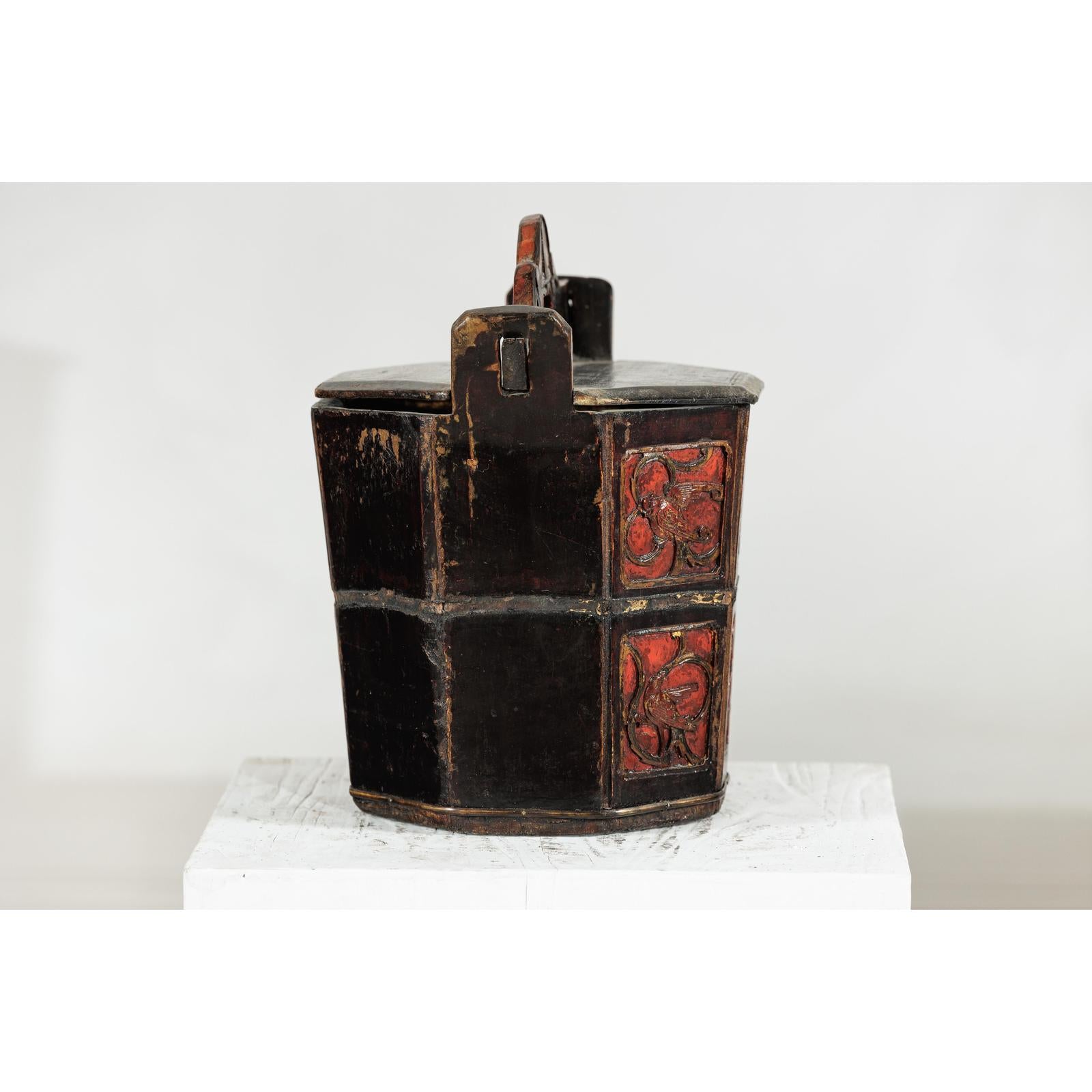 Late Qing Red and Black Lacquered Rice Measure Bucket with Carved Panels-6. Asian &amp; Chinese Furniture, Art, Antiques, Vintage Home Décor for sale at FEA Home
