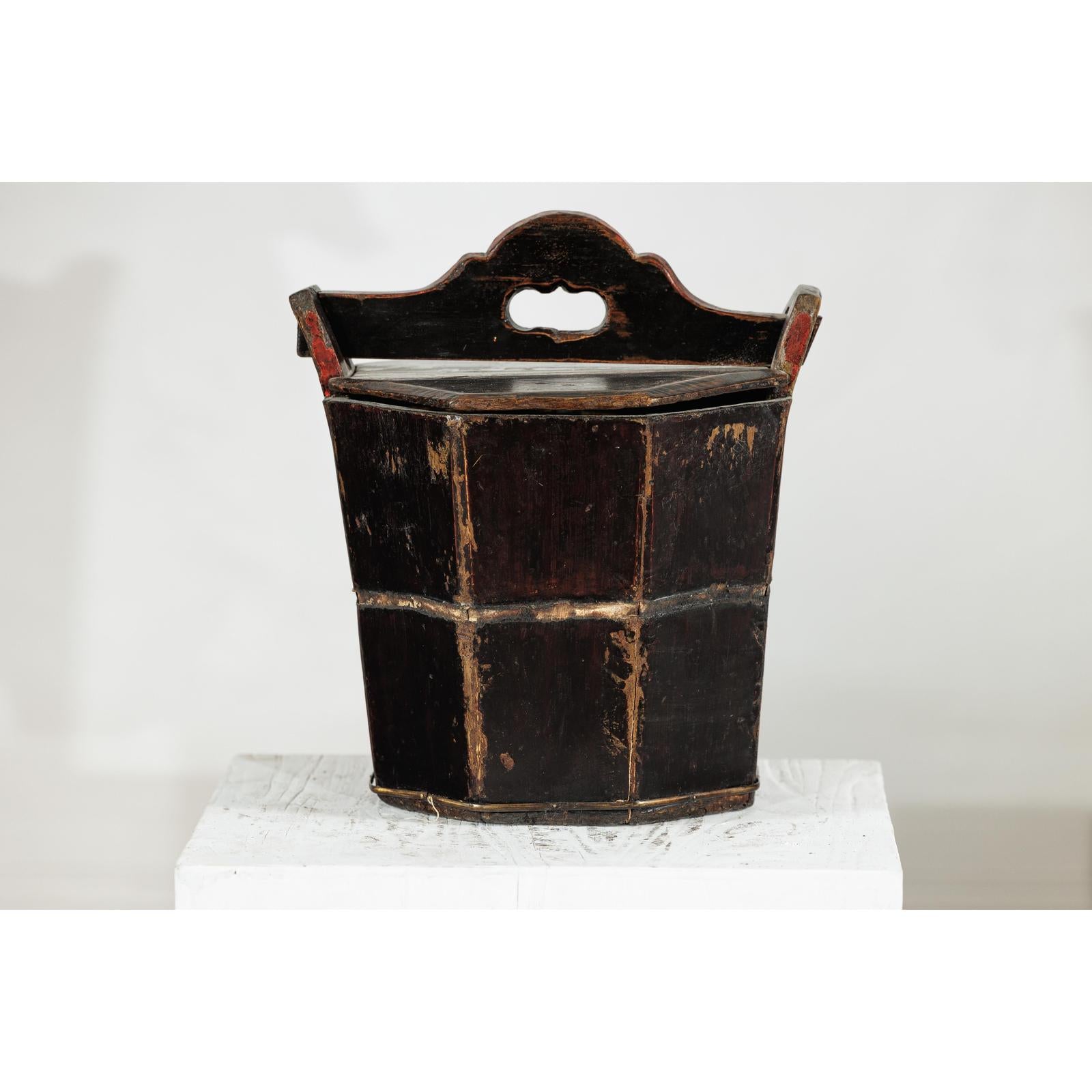 Late Qing Red and Black Lacquered Rice Measure Bucket with Carved Panels-7. Asian &amp; Chinese Furniture, Art, Antiques, Vintage Home Décor for sale at FEA Home