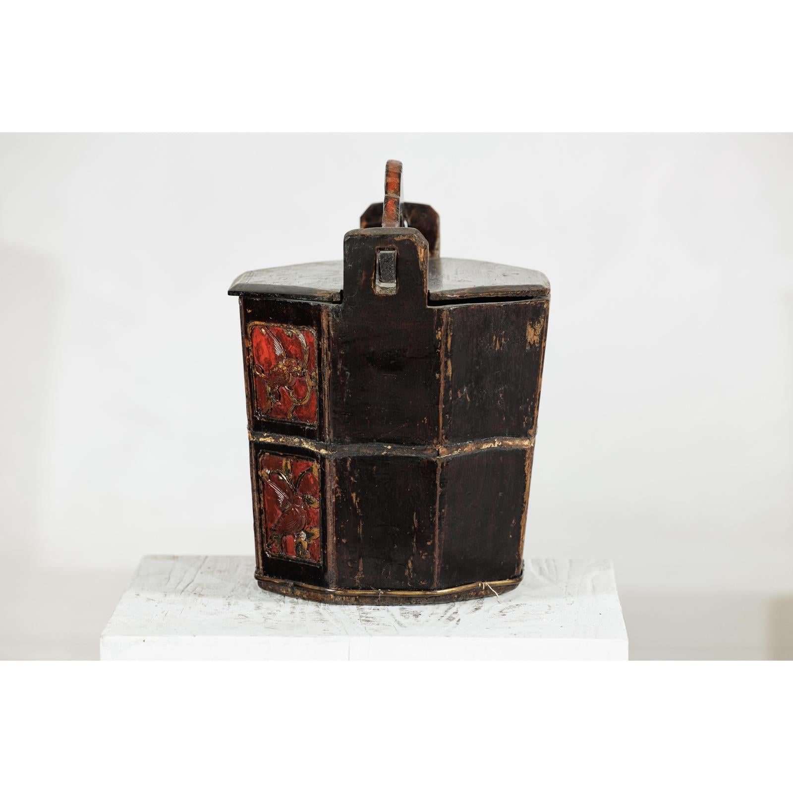 Late Qing Red and Black Lacquered Rice Measure Bucket with Carved Panels-8. Asian &amp; Chinese Furniture, Art, Antiques, Vintage Home Décor for sale at FEA Home