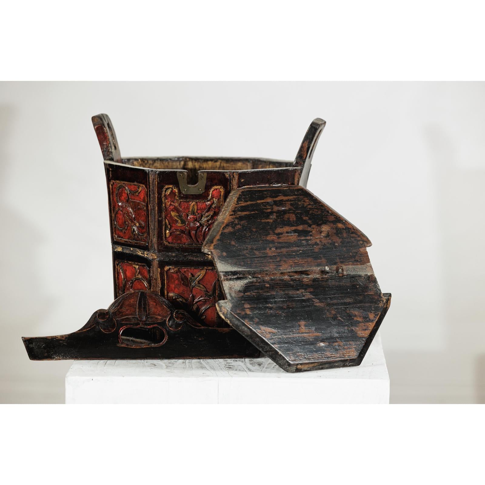 Late Qing Red and Black Lacquered Rice Measure Bucket with Carved Panels-9. Asian &amp; Chinese Furniture, Art, Antiques, Vintage Home Décor for sale at FEA Home