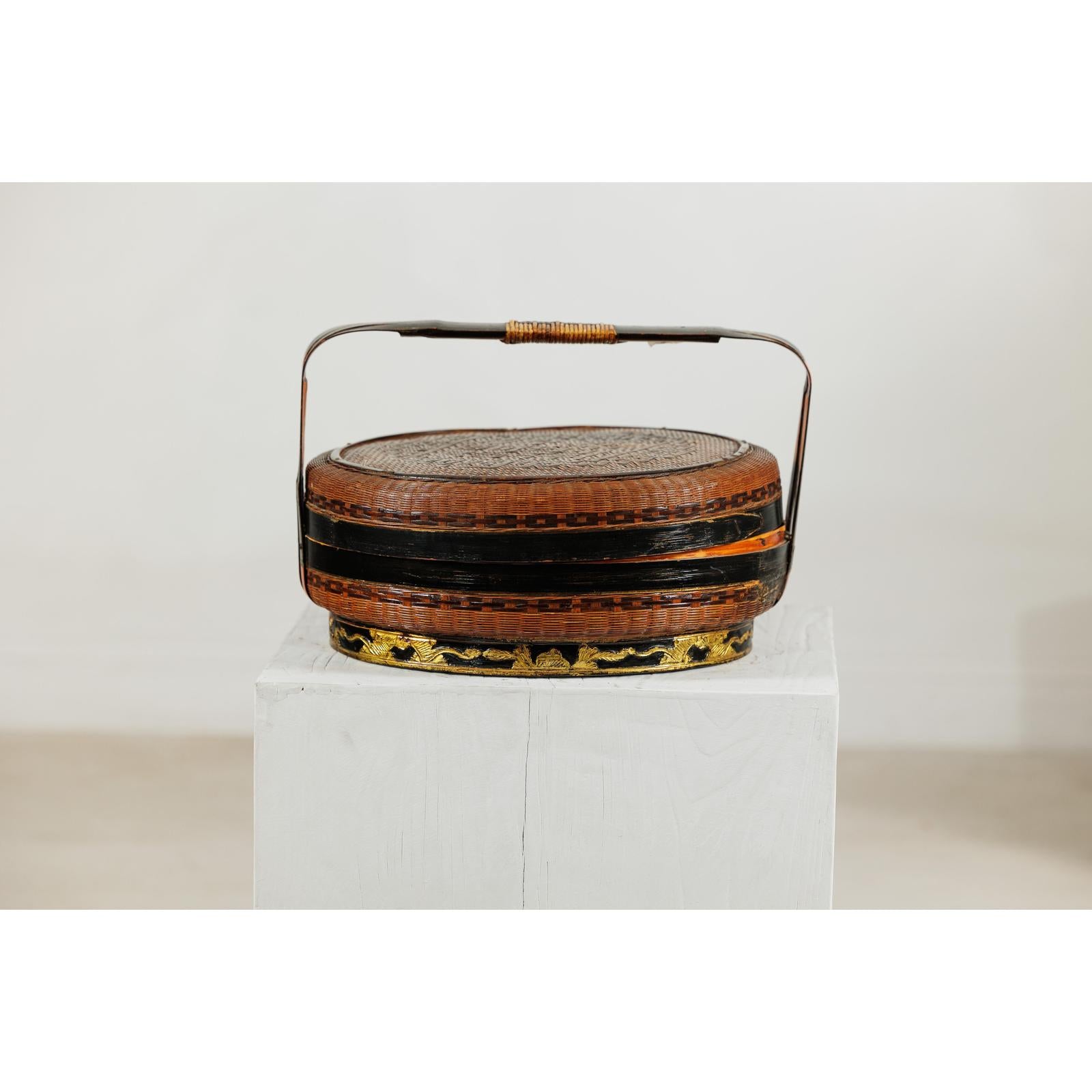 Lidden Woven Basket, Black Lacquer Handle and Gilt Decoration-2. Asian &amp; Chinese Furniture, Art, Antiques, Vintage Home Décor for sale at FEA Home
