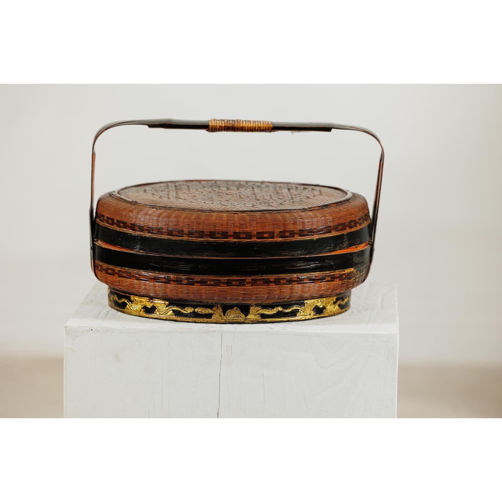 Lidden Woven Basket, Black Lacquer Handle and Gilt Decoration-3. Asian &amp; Chinese Furniture, Art, Antiques, Vintage Home Décor for sale at FEA Home