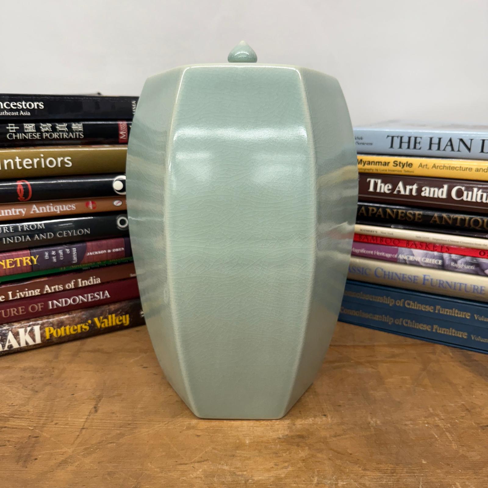 Light Green Crackle Glaze Hexagonal Lidded Jar - FEA Home
