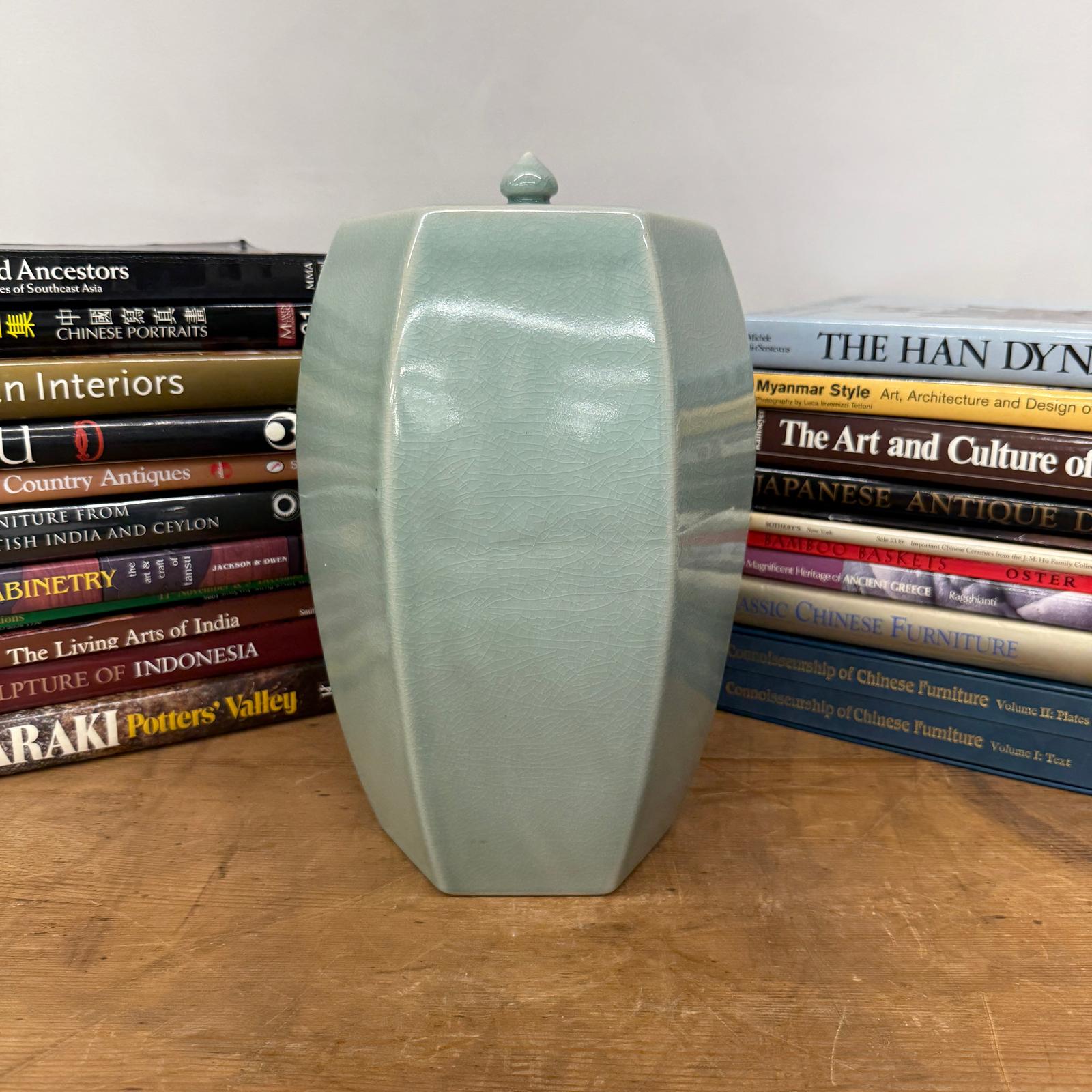 Light Green Crackle Glaze Hexagonal Lidded Jar - FEA Home