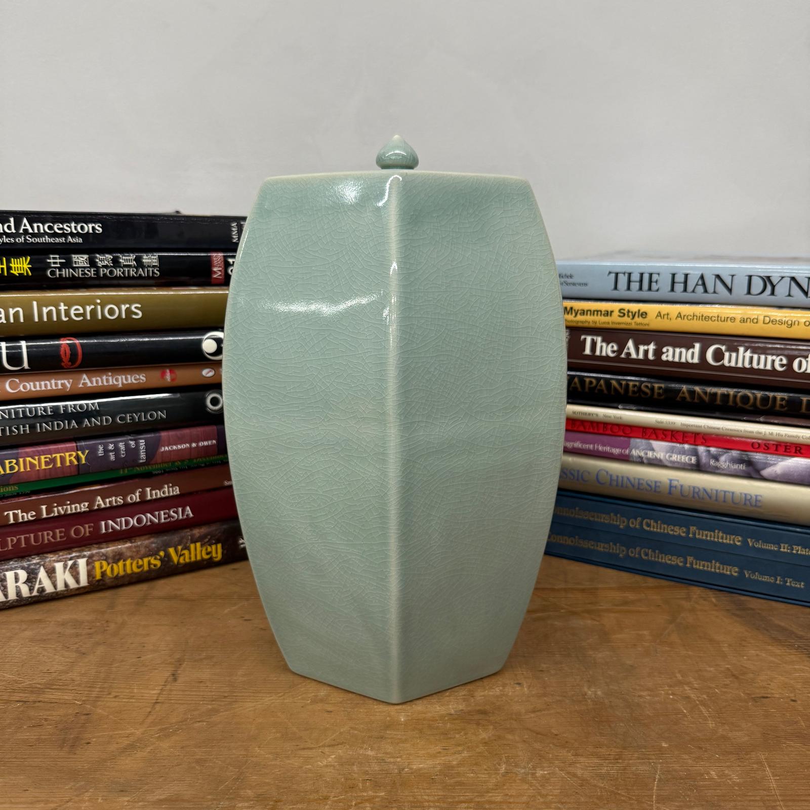 Light Green Crackle Glaze Hexagonal Lidded Jar - FEA Home