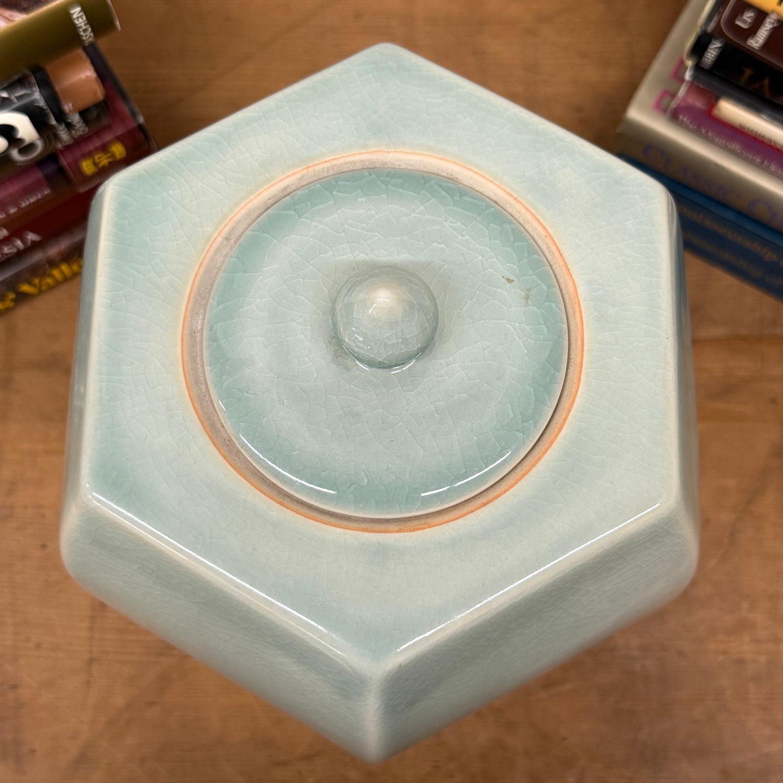 Light Green Crackle Glaze Hexagonal Lidded Jar - FEA Home