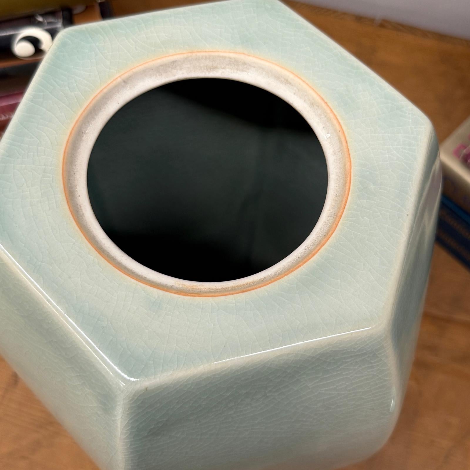 Light Green Crackle Glaze Hexagonal Lidded Jar - FEA Home