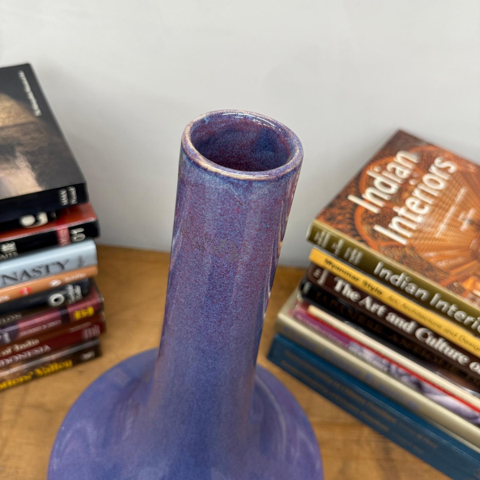 Long Neck Purple Ceramic Vase with Wide Bottom &amp; Blue Hues - FEA Home