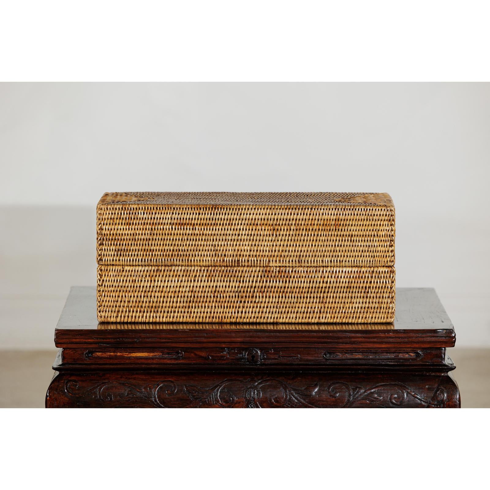 Long Rectangular Woven Rattan Lidded Box, Country Style-4. Asian &amp; Chinese Furniture, Art, Antiques, Vintage Home Décor for sale at FEA Home