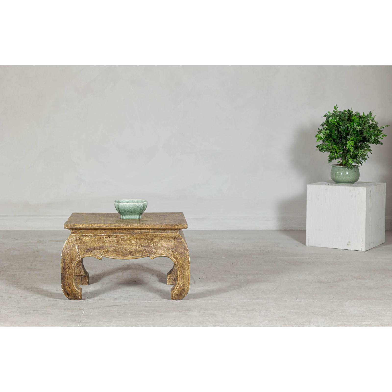 Low Rectangular Side Table with Distressed Finish and Carved Chow Legs-3. Asian &amp; Chinese Furniture, Art, Antiques, Vintage Home Décor for sale at FEA Home