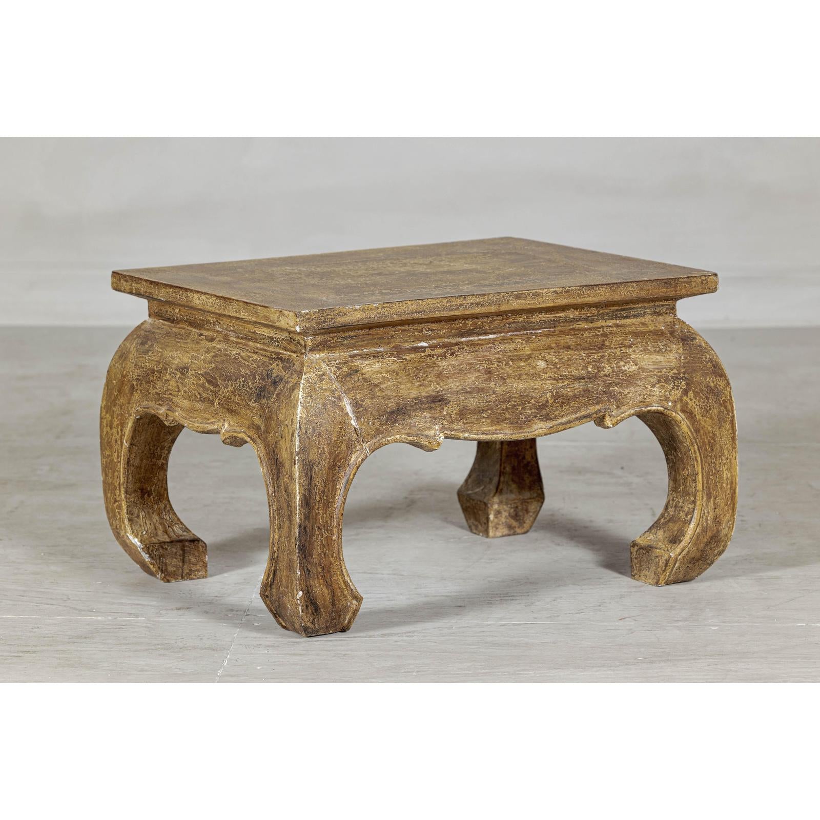 Low Rectangular Side Table with Distressed Finish and Carved Chow Legs-4. Asian &amp; Chinese Furniture, Art, Antiques, Vintage Home Décor for sale at FEA Home