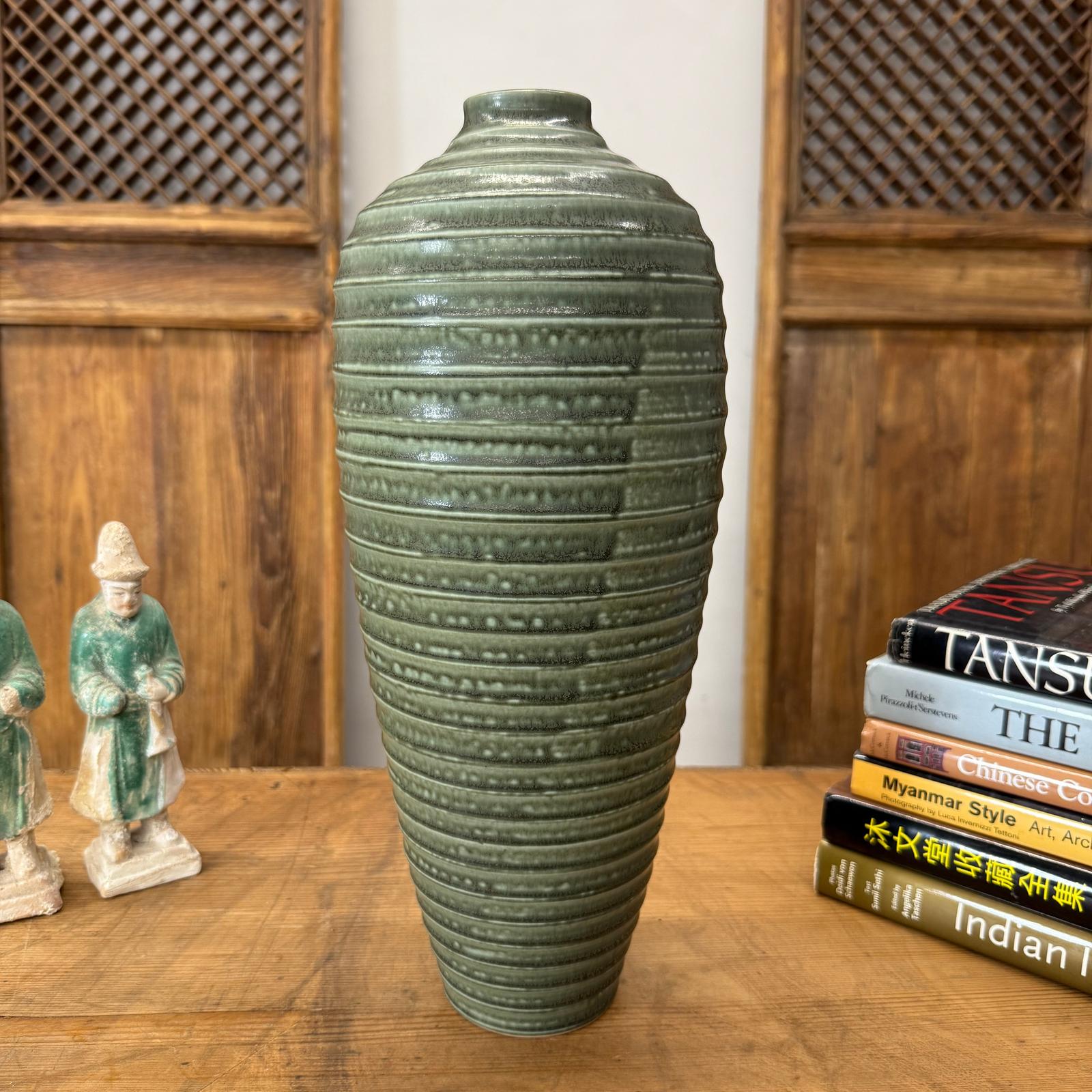 Moss Green Glazed Ribbed Ceramic Prem Vase, SKU , image 2