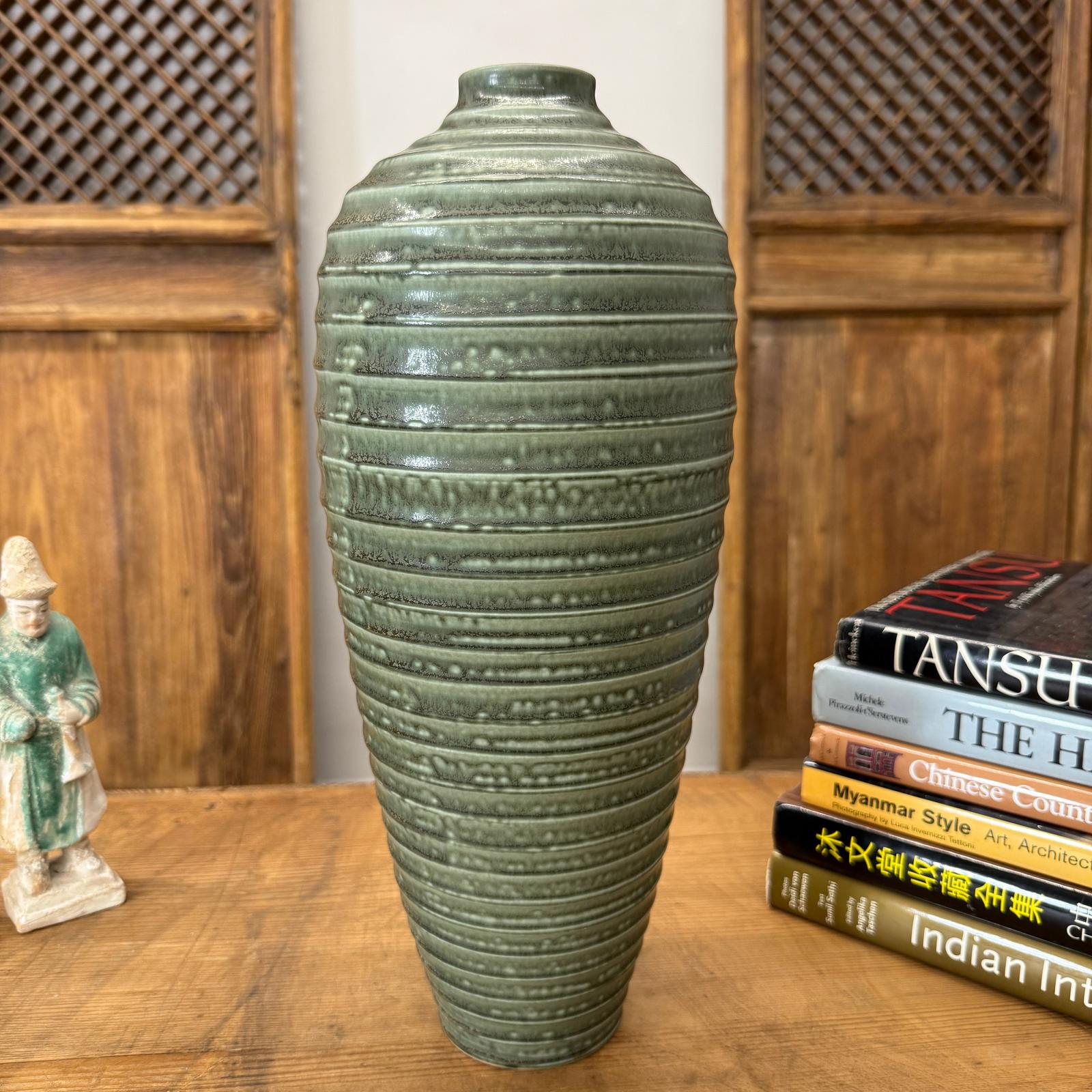 Moss Green Glazed Ribbed Ceramic Prem Vase, SKU , image 3