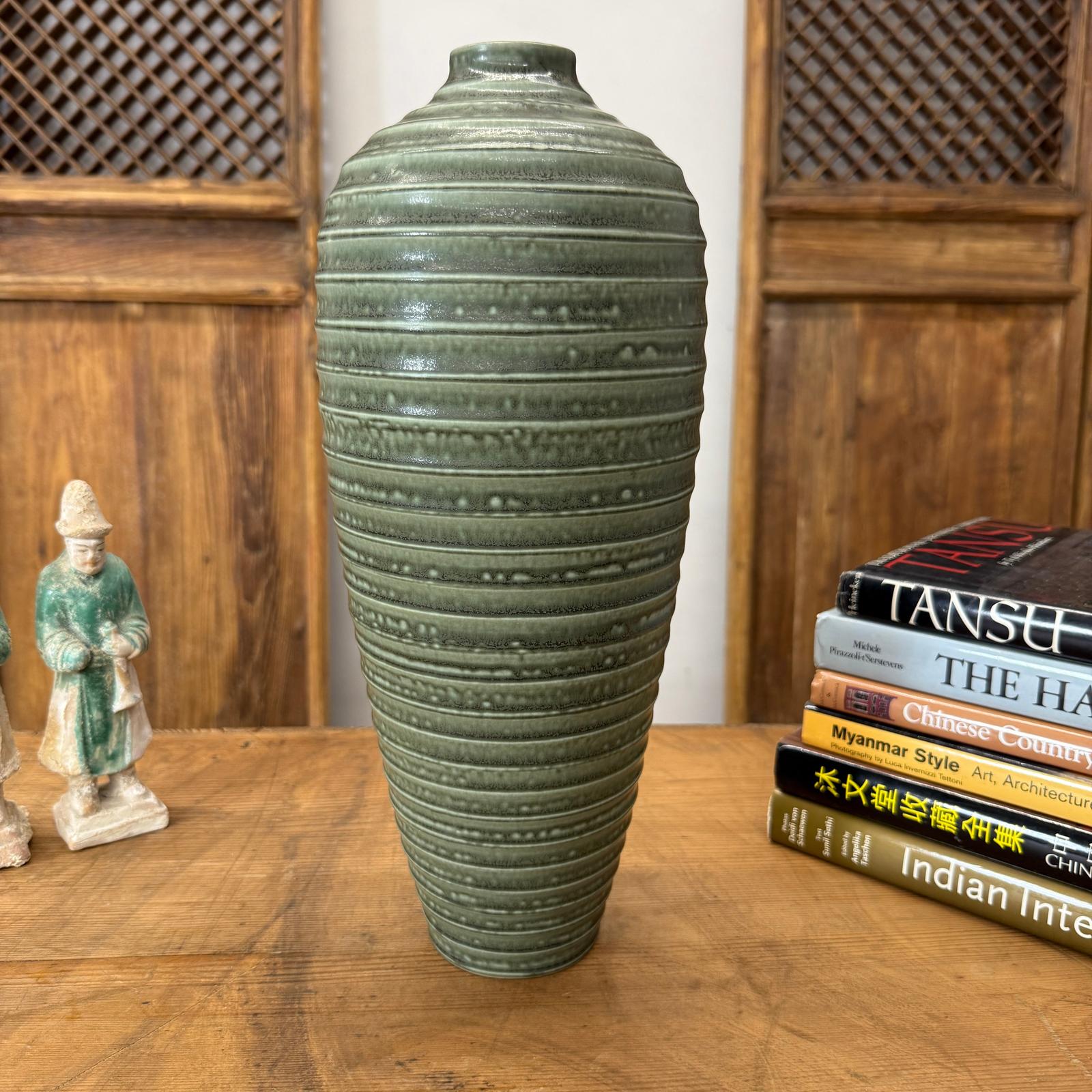 Moss Green Glazed Ribbed Ceramic Prem Vase, SKU , image 4