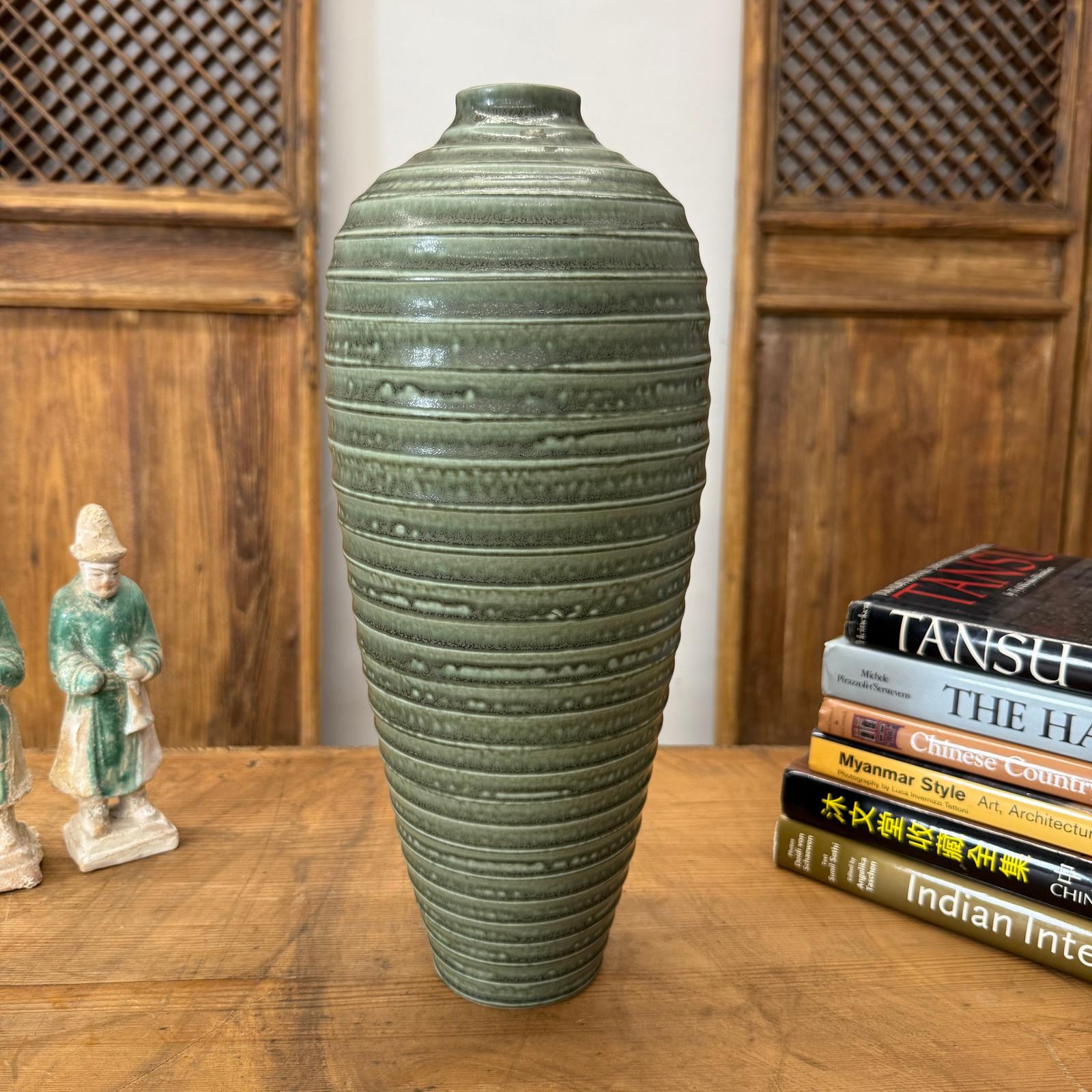 Moss Green Glazed Ribbed Ceramic Prem Vase, SKU , image 5
