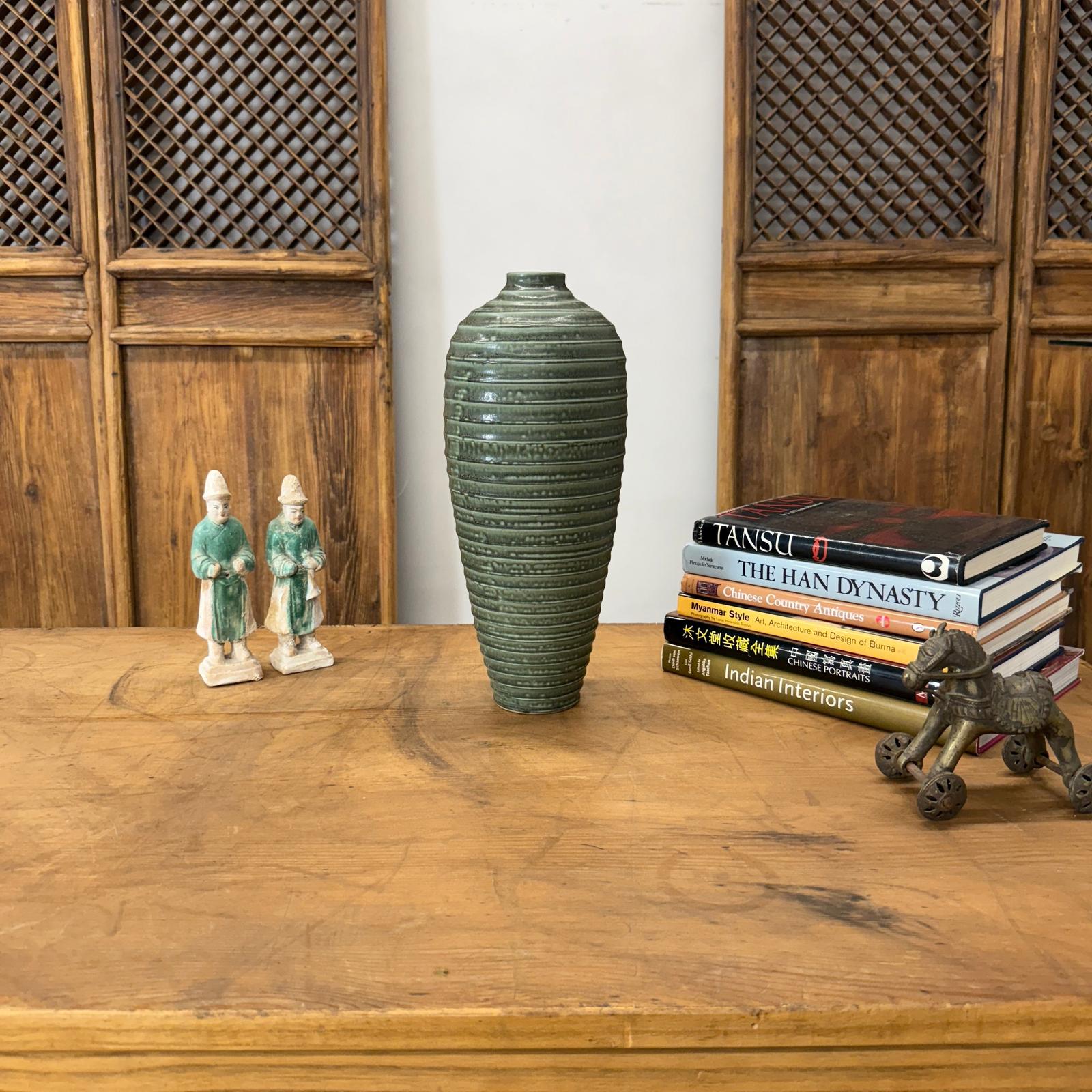 Moss Green Glazed Ribbed Ceramic Prem Vase, SKU , image 9