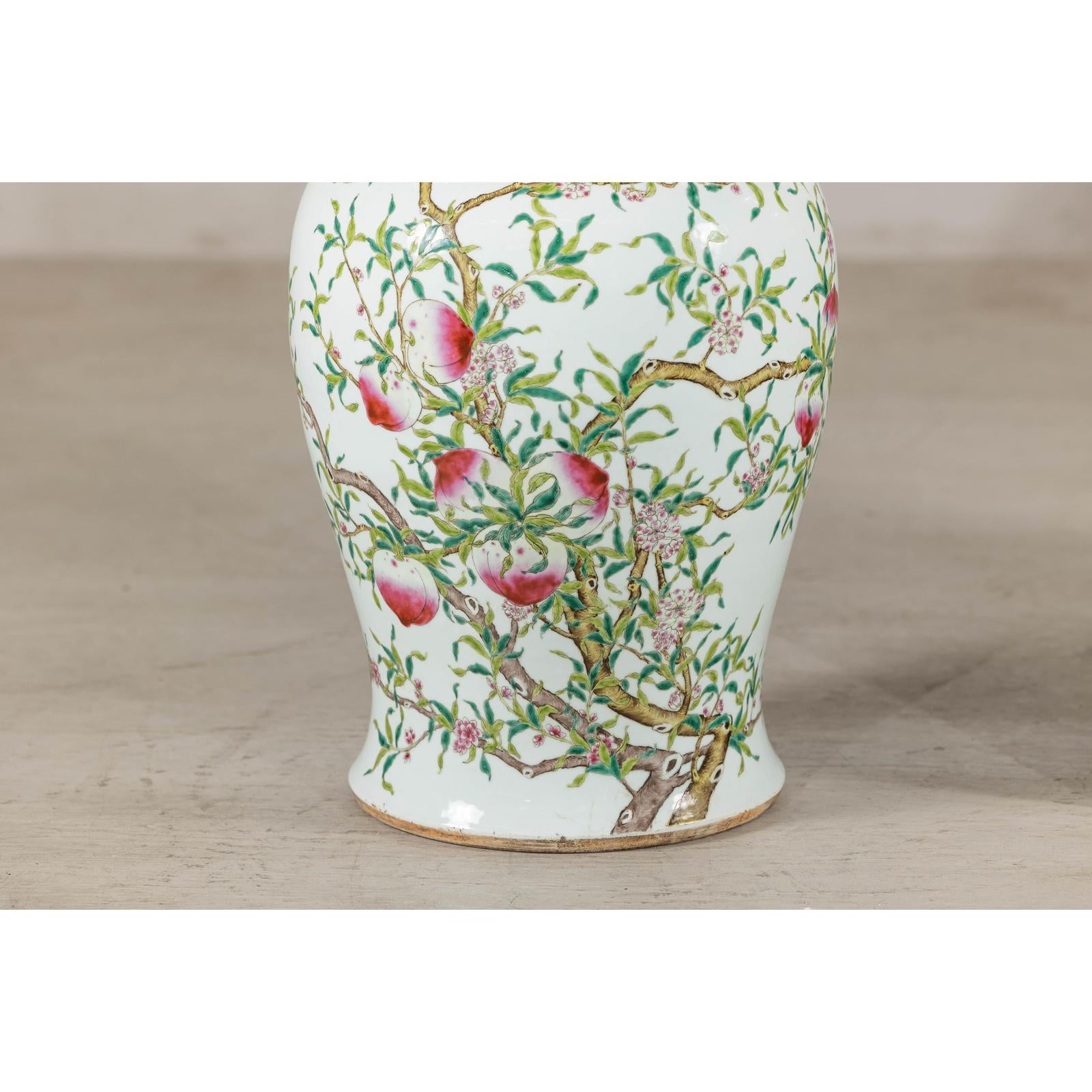 Near Pair of Famille Rose Ginger Jars with Peaches, Roses and Bats