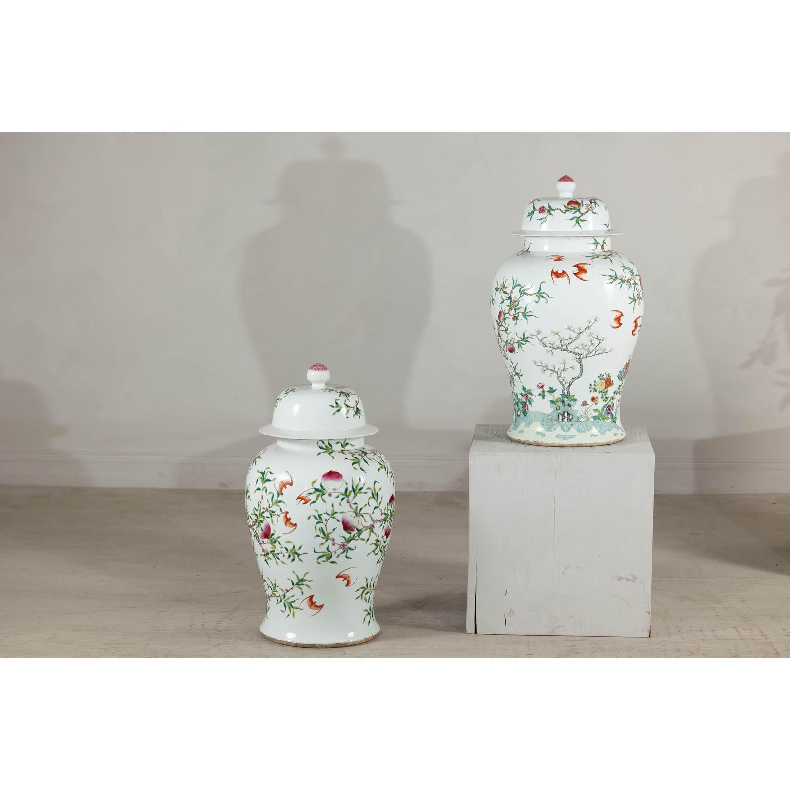 Near Pair of Famille Rose Ginger Jars with Peaches, Roses and Bats