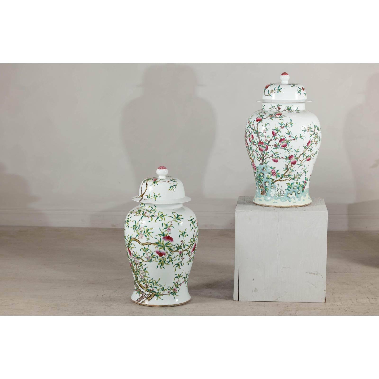 Near Pair of Famille Rose Ginger Jars with Peaches, Roses and Bats